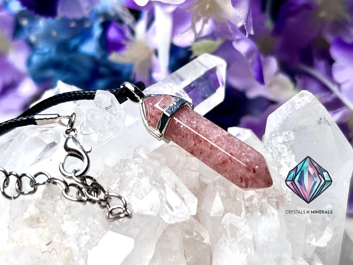 Strawberry Quartz Stone Double Point Pencil Pendant with Black Cord