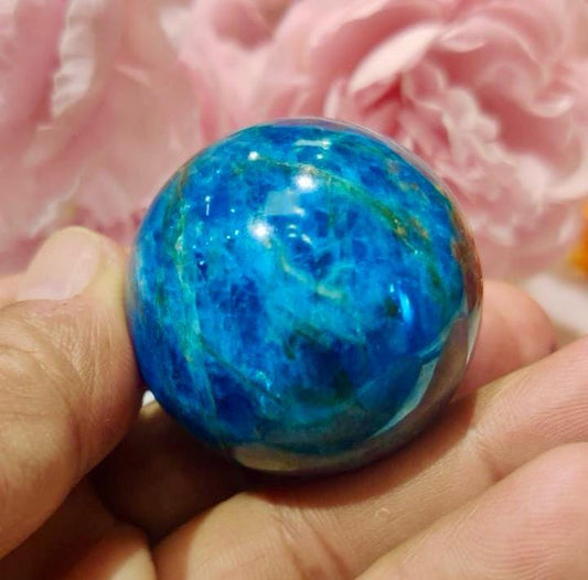 Neon Blue Apatite Sphere 40 MM Crystal Ball Orb Pocket Stone Meditation Space Crystal Grid With wooden Stand