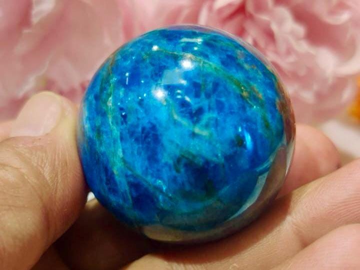 Neon Blue Apatite Sphere 40 MM Crystal Ball Orb Pocket Stone Meditation Space Crystal Grid With wooden Stand