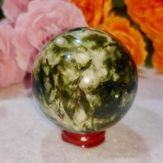 Natural Rare Green Tourmaline Mica Symbiotic Crystal Stone Sphere 60MM Ball Orb Pocket Stone Meditation Space Crystal Grid With wooden Stand