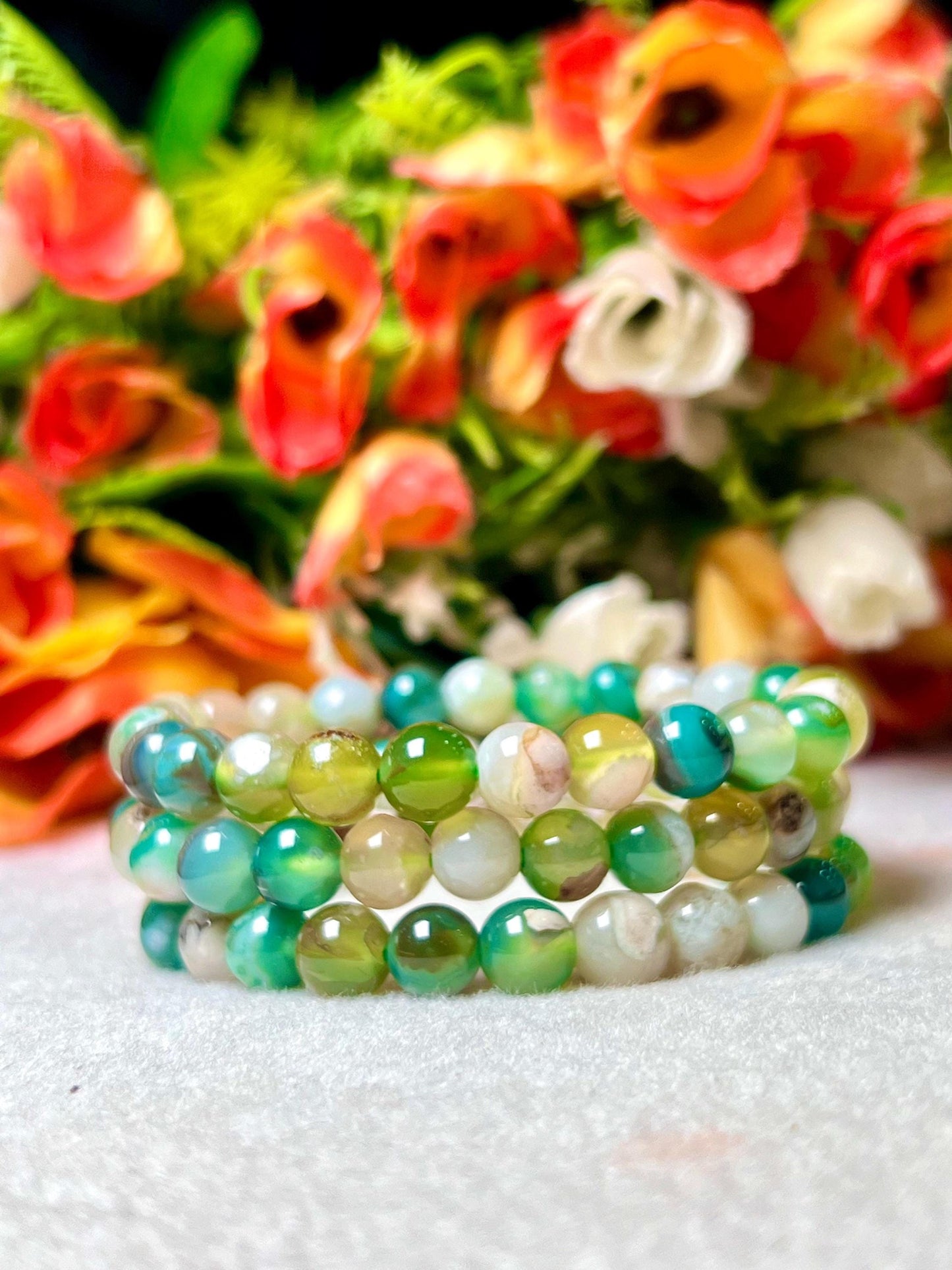 Green Flower Agate Stone Bracelet l Stretchable Bracelet l Unisex Bracelet l 8 MM Bracelet