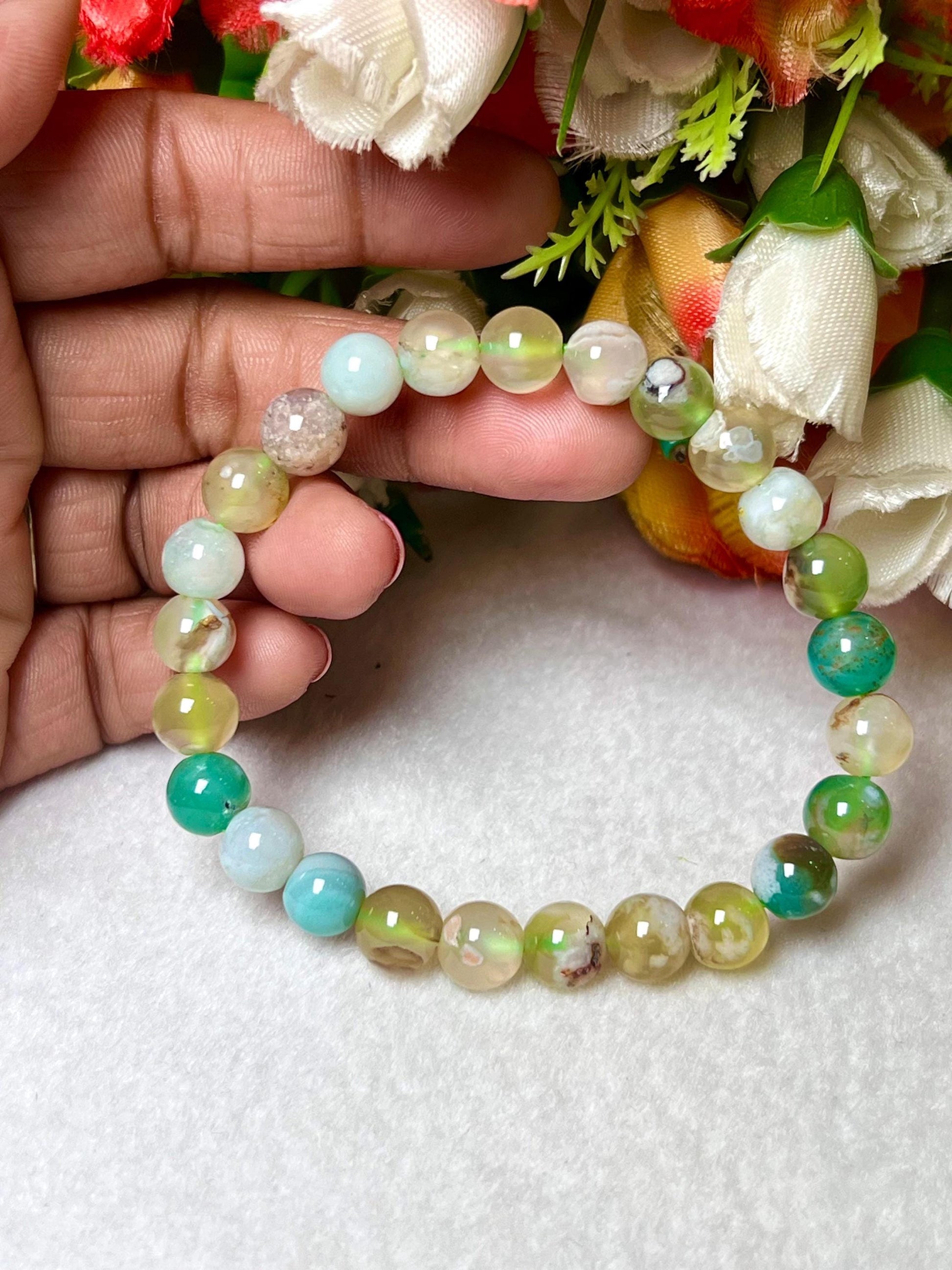 Green Flower Agate Stone Bracelet l Stretchable Bracelet l Unisex Bracelet l 8 MM Bracelet