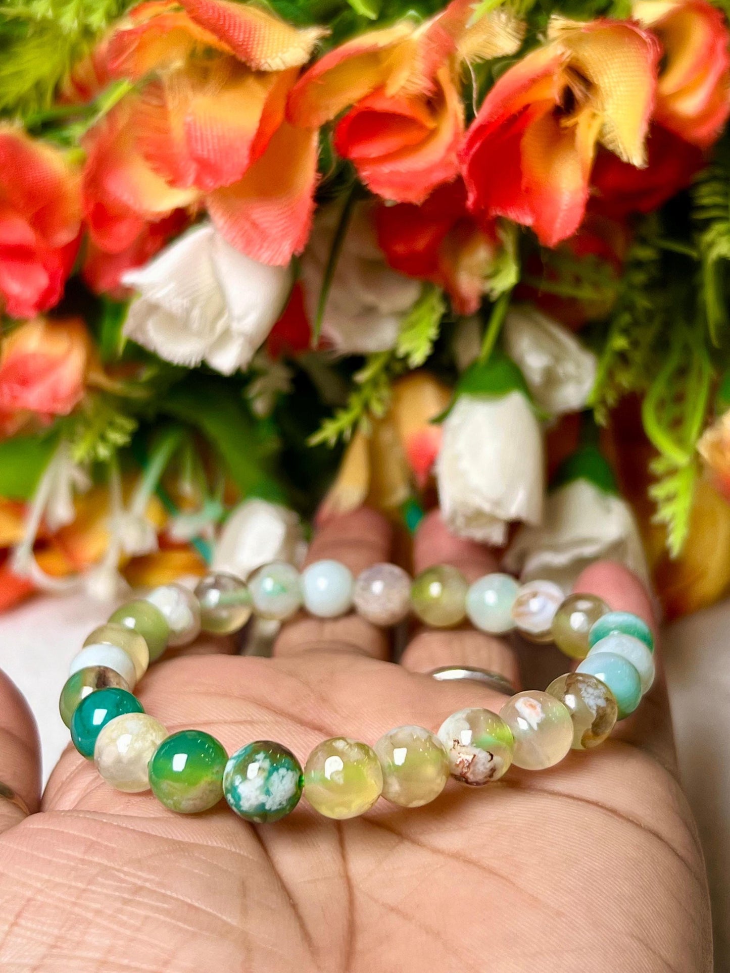 Green Flower Agate Stone Bracelet l Stretchable Bracelet l Unisex Bracelet l 8 MM Bracelet