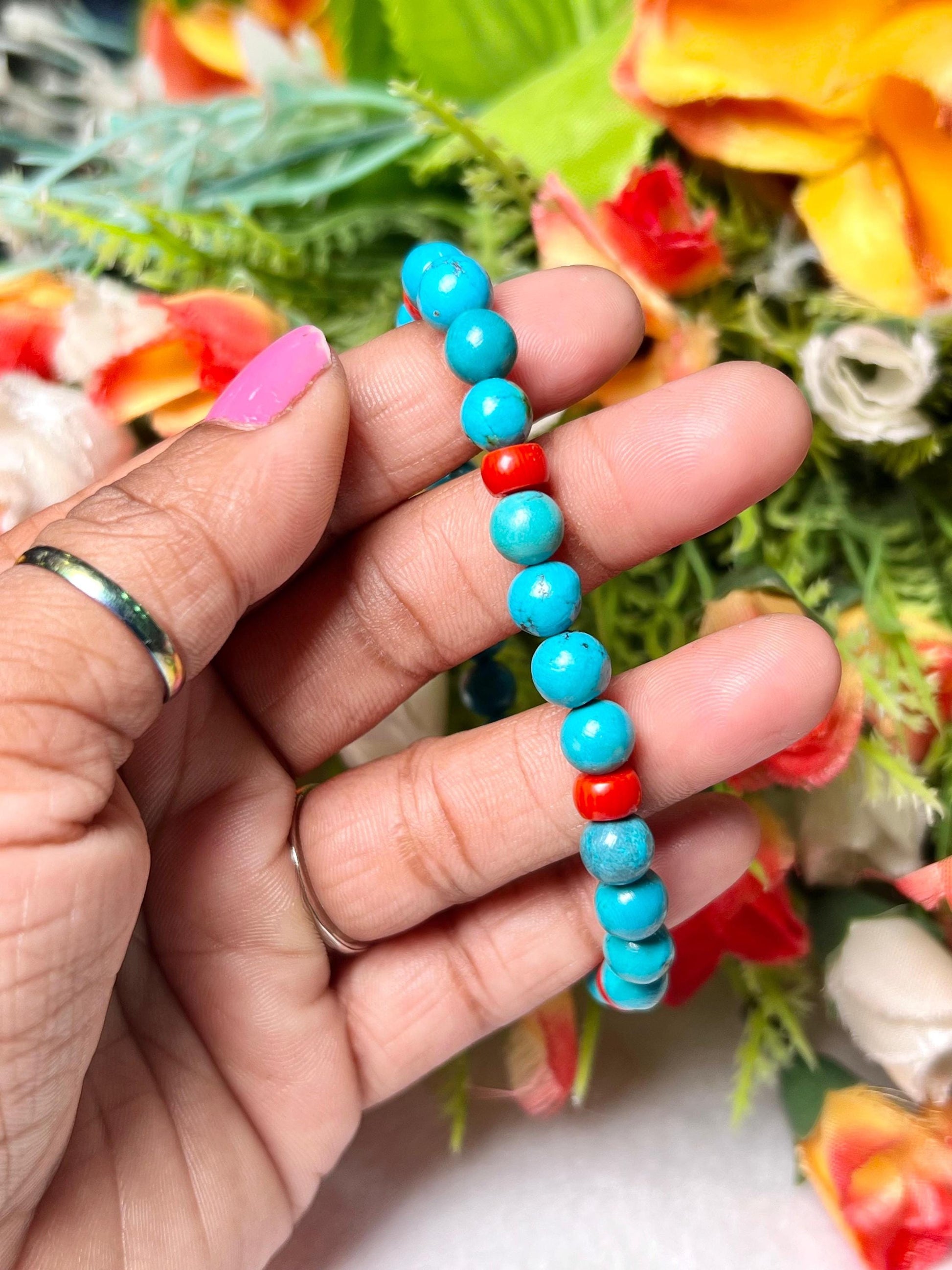 Natural Genuine Blue Turquoise With Red Coral Stone Bracelet l Stretchable Bracelet l Unisex Bracelet l 6 MM Bracelet