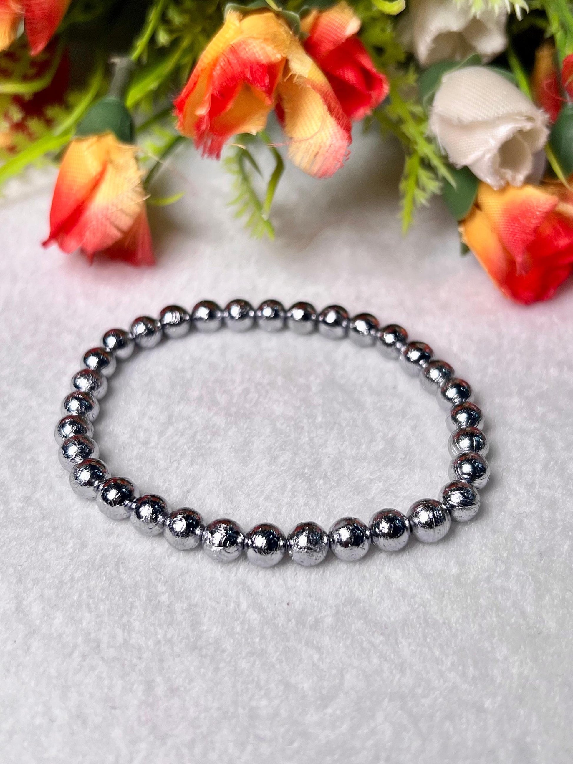 Silver Meteorite Gibeon Stone NWA 869 Bracelet, Stony Meteorite 6 mm Natural Genuine Bracelet Meteorite (Sky Iron)/ Muonionalusta Meteorite