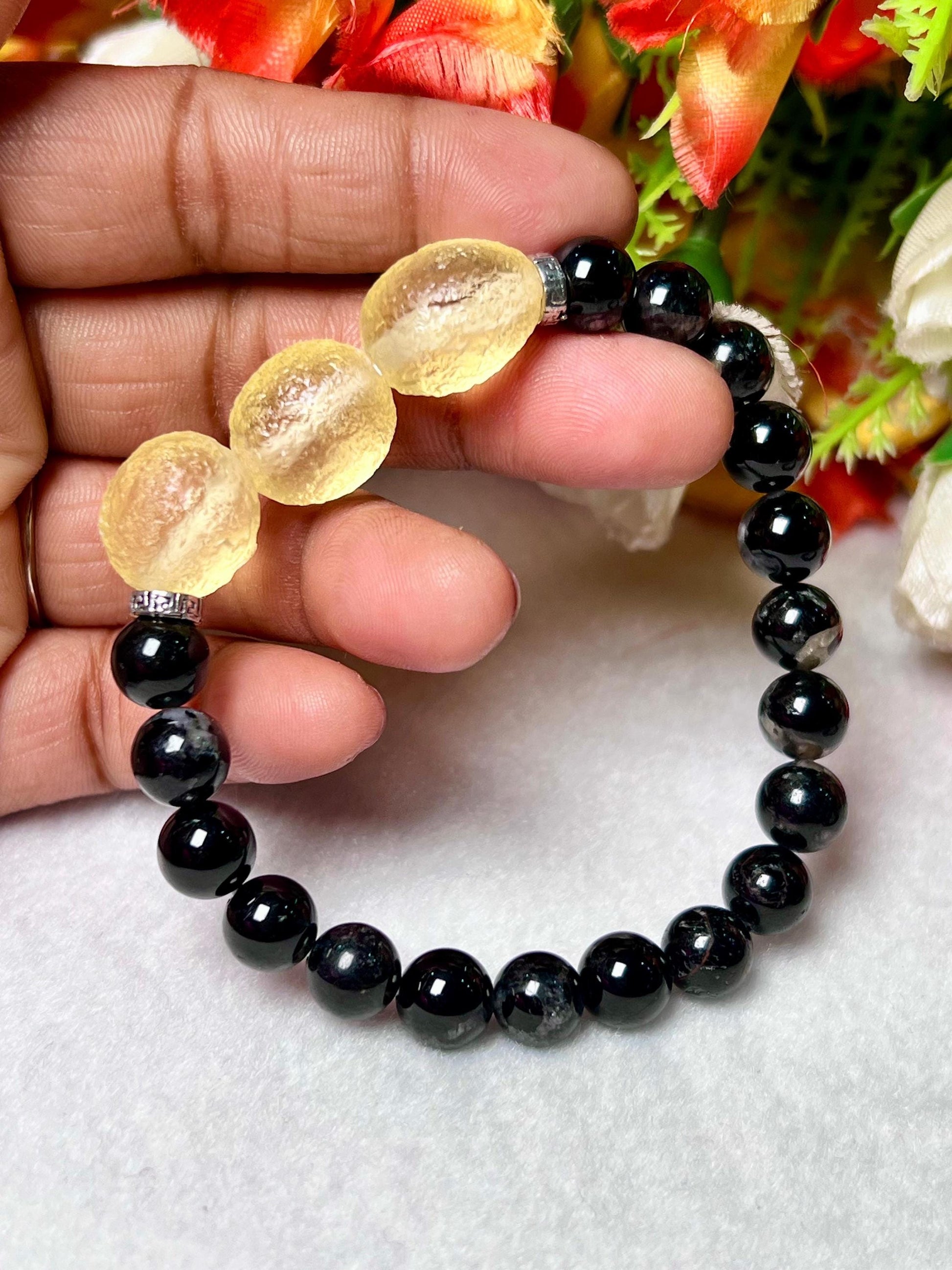 12 MM Libyan Desert Tektite Glass Stone With 8 MM Black Tourmaline Stone Bracelet l Stretchable Bracelet l Unisex Bracelet