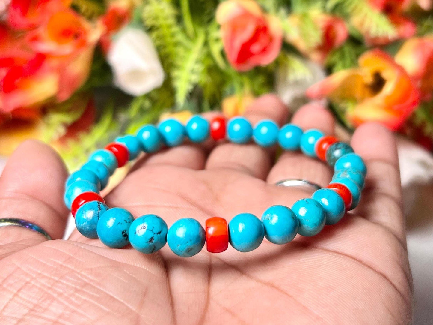 Natural Genuine Blue Turquoise With Red Coral Stone Bracelet l Stretchable Bracelet l Unisex Bracelet l 6 MM Bracelet