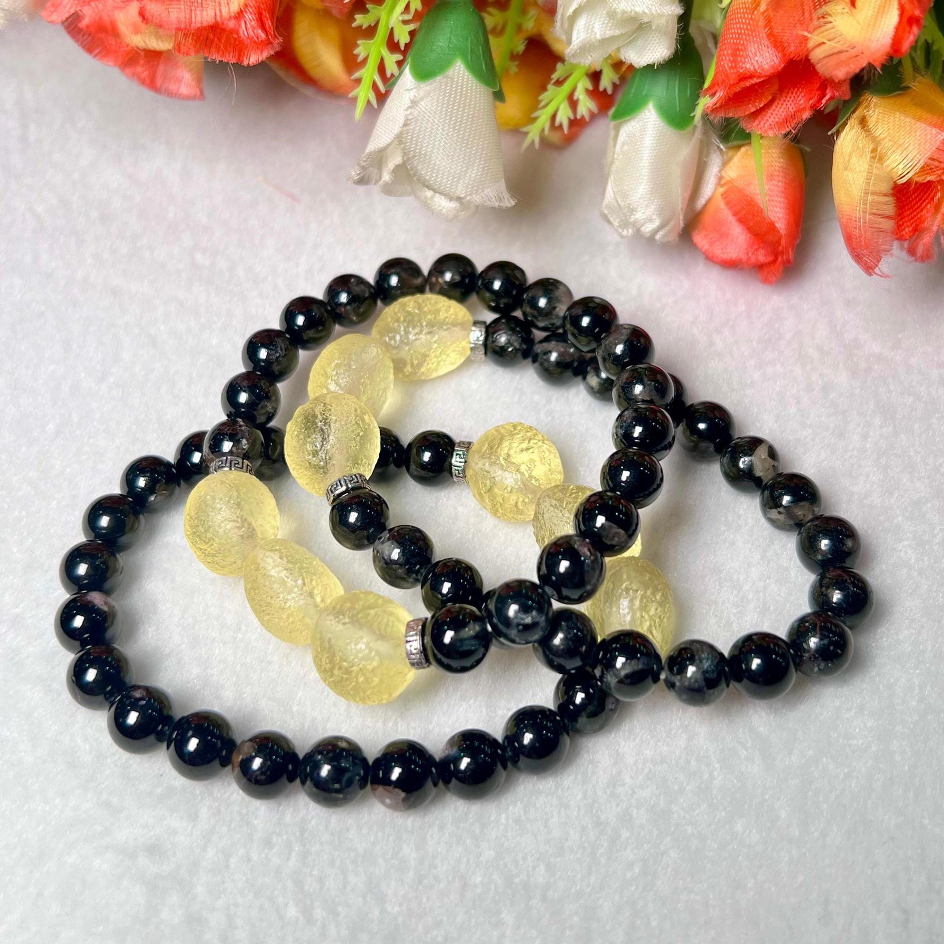 12 MM Libyan Desert Tektite Glass Stone With 8 MM Black Tourmaline Stone Bracelet l Stretchable Bracelet l Unisex Bracelet