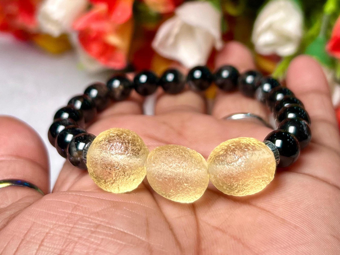 12 MM Libyan Desert Tektite Glass Stone With 8 MM Black Tourmaline Stone Bracelet l Stretchable Bracelet l Unisex Bracelet