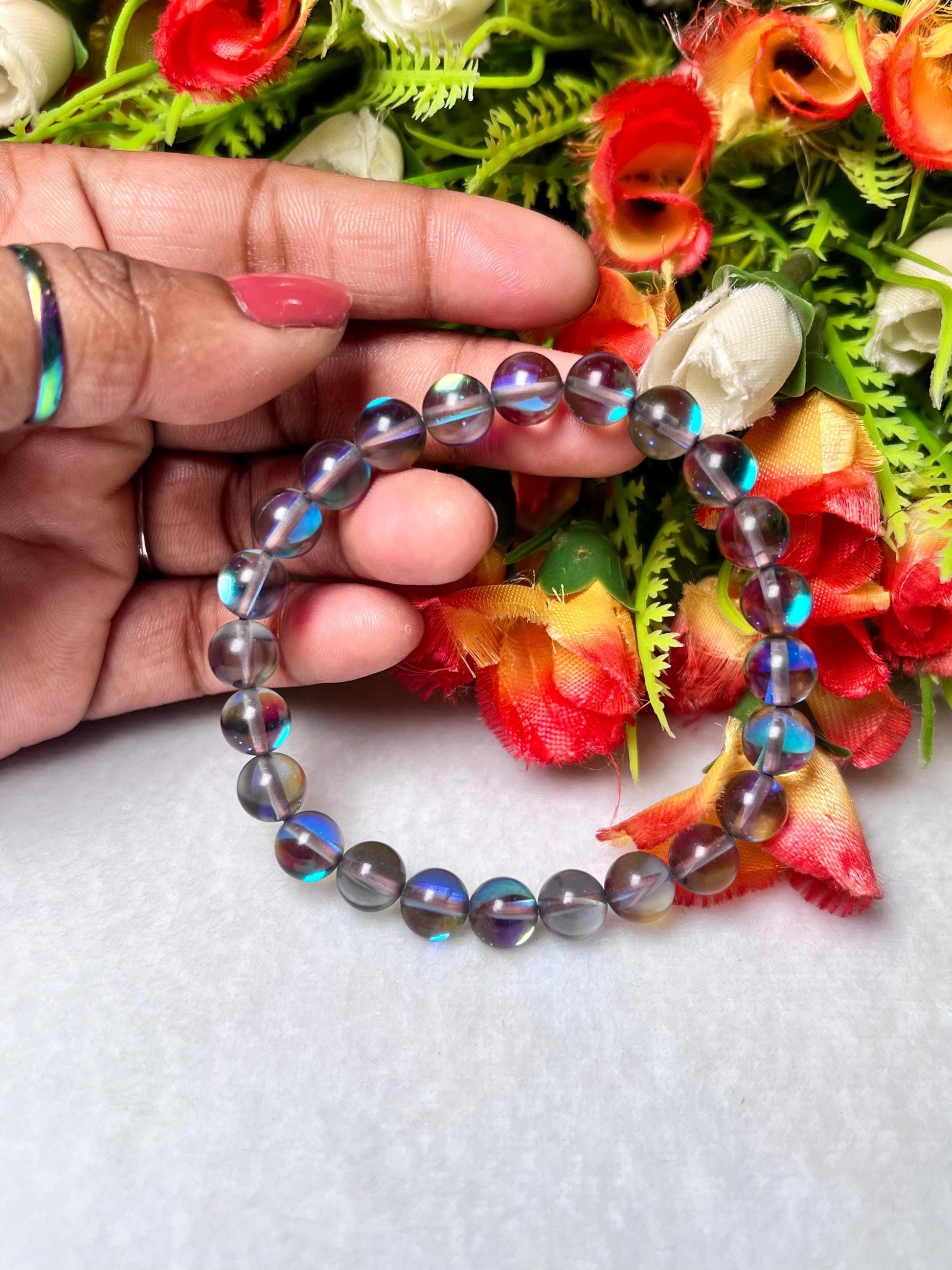 Labradorite Aura Quartz Stone Bracelet l Stretchable Bracelet l Unisex Bracelet l 8 MM Bracelet