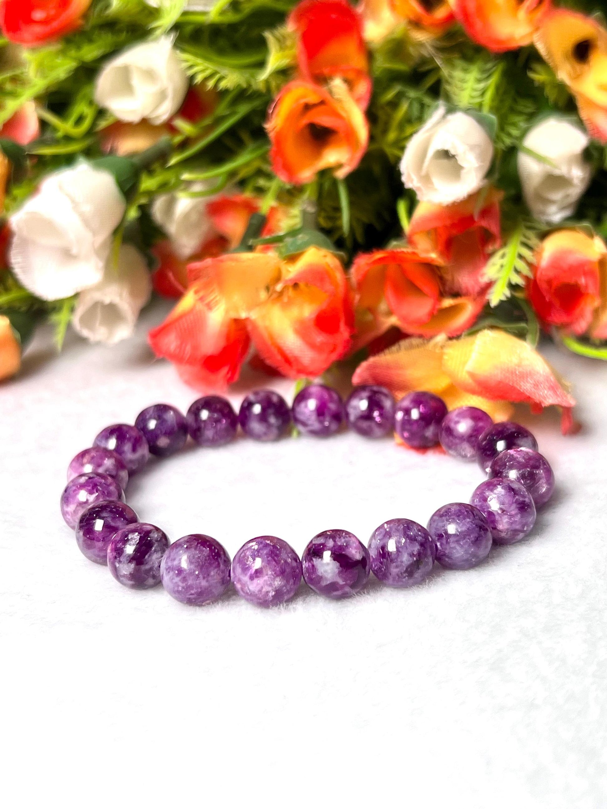 Red Purple Star Lepidolite Stone Bracelet l Stretchable Bracelet l Unisex Bracelet l 10 MM Bracelet