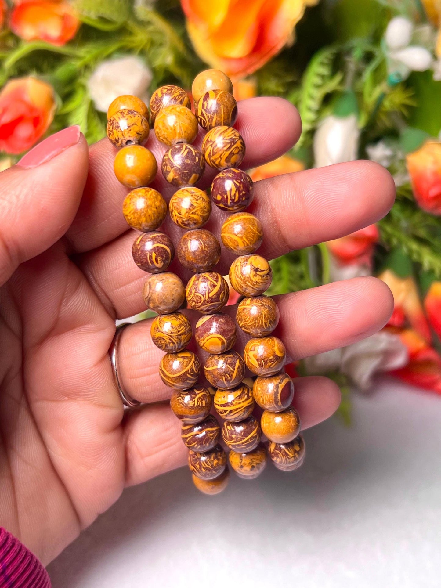 Calligraphy Stone,Arabic Stone, aka Sanskrit Jasper, Elephant Skin Jasper, Cobra Stone, Maryam Stone l Stretchable Bracelet l 8 MM Bracelet