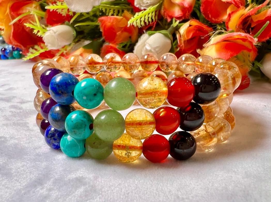 7 Chakra With Citrine Stone Bracelet l Stretchable Bracelet l Unisex Bracelet l 8 MM Bracelet