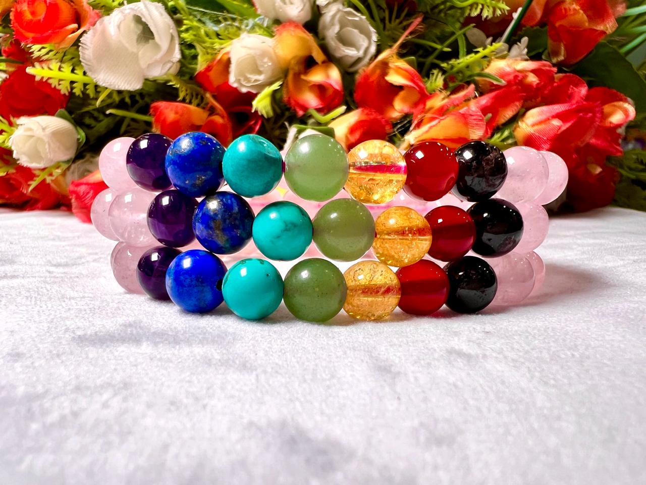 7 Chakra With Rose Quartz Stone Bracelet l Stretchable Bracelet l Unisex Bracelet l 8 MM Bracelet