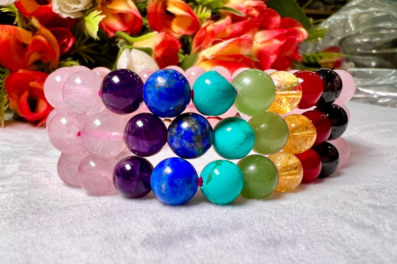 7 Chakra With Rose Quartz Stone Bracelet l Stretchable Bracelet l Unisex Bracelet l 8 MM Bracelet