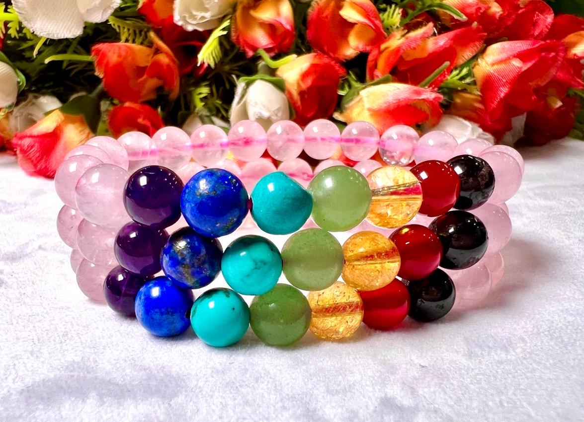 7 Chakra With Rose Quartz Stone Bracelet l Stretchable Bracelet l Unisex Bracelet l 8 MM Bracelet