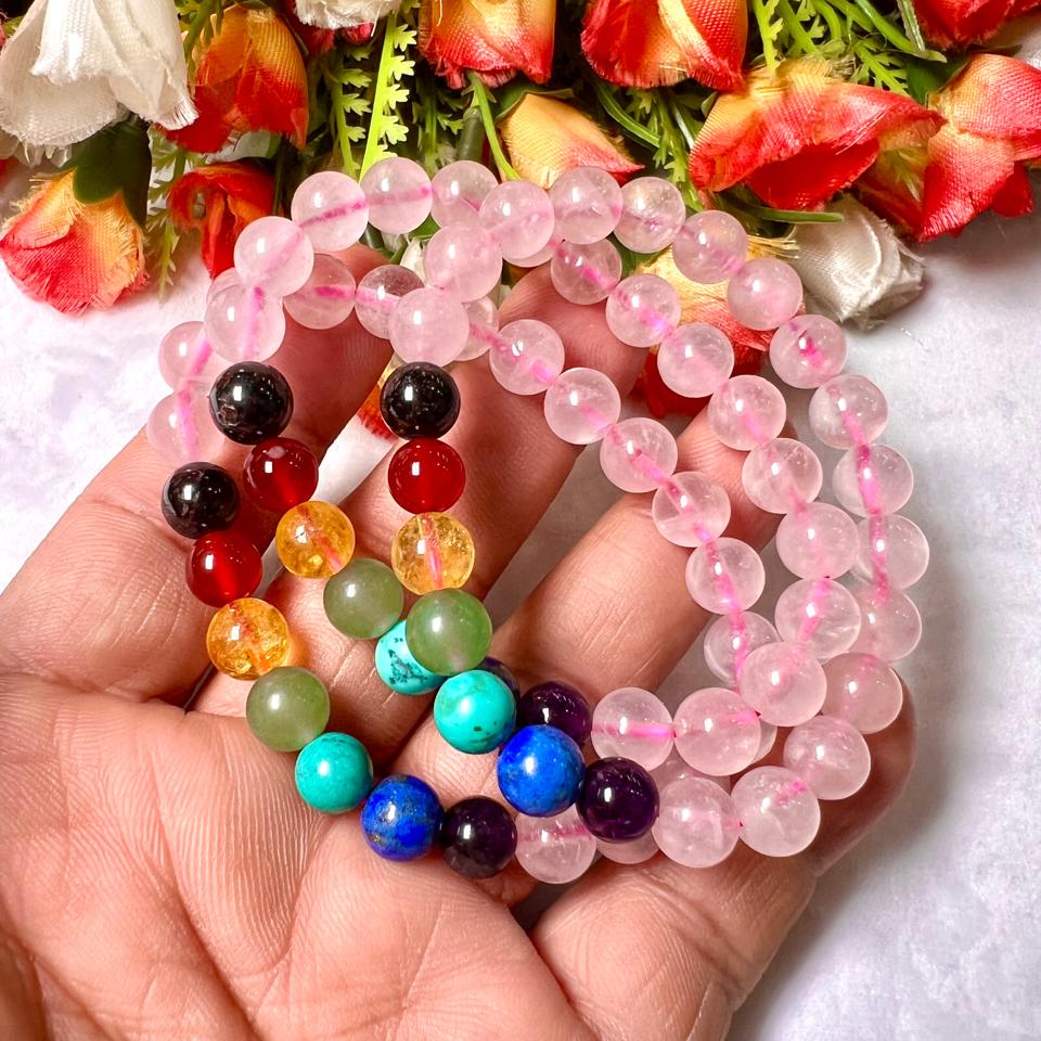 7 Chakra With Rose Quartz Stone Bracelet l Stretchable Bracelet l Unisex Bracelet l 8 MM Bracelet