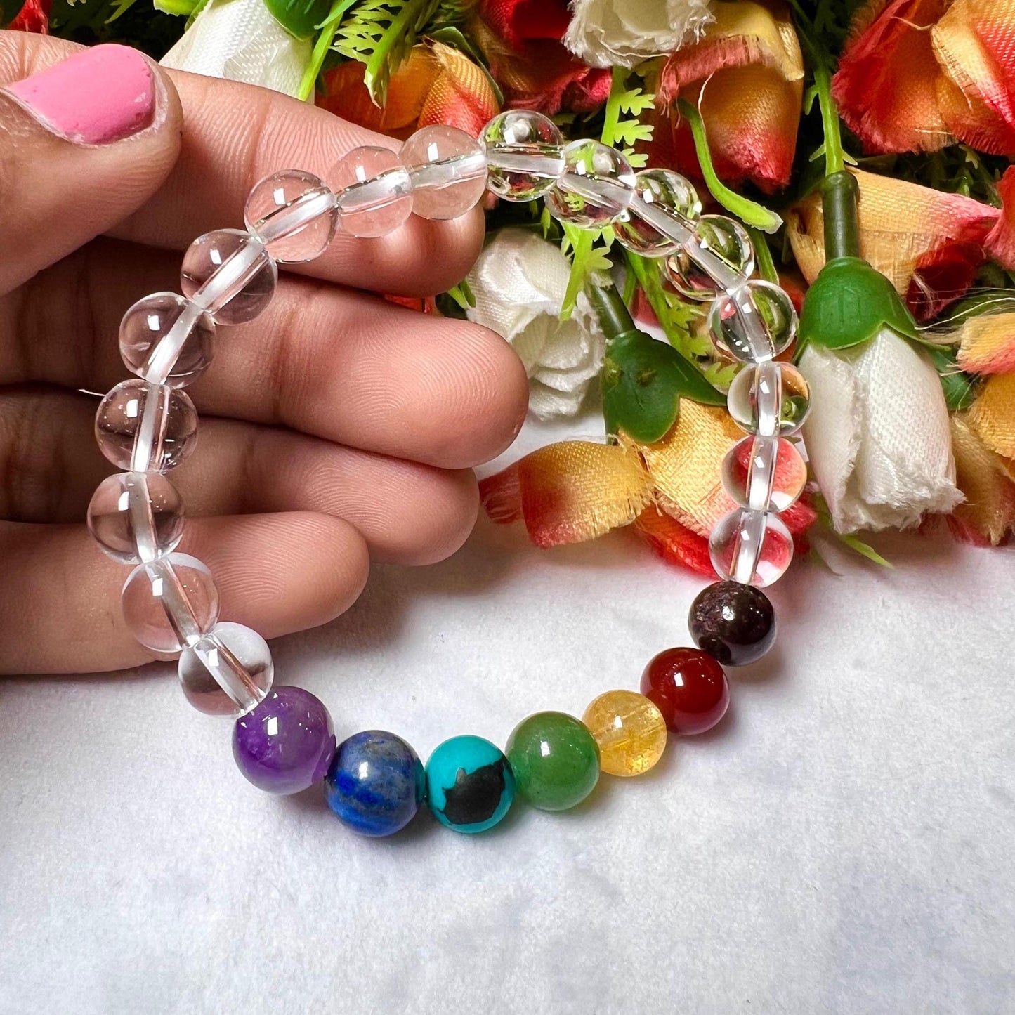 7 Chakra With Himalayan Crystal Quartz Stone Bracelet l Stretchable Bracelet l Unisex Bracelet l 8 MM Bracelet