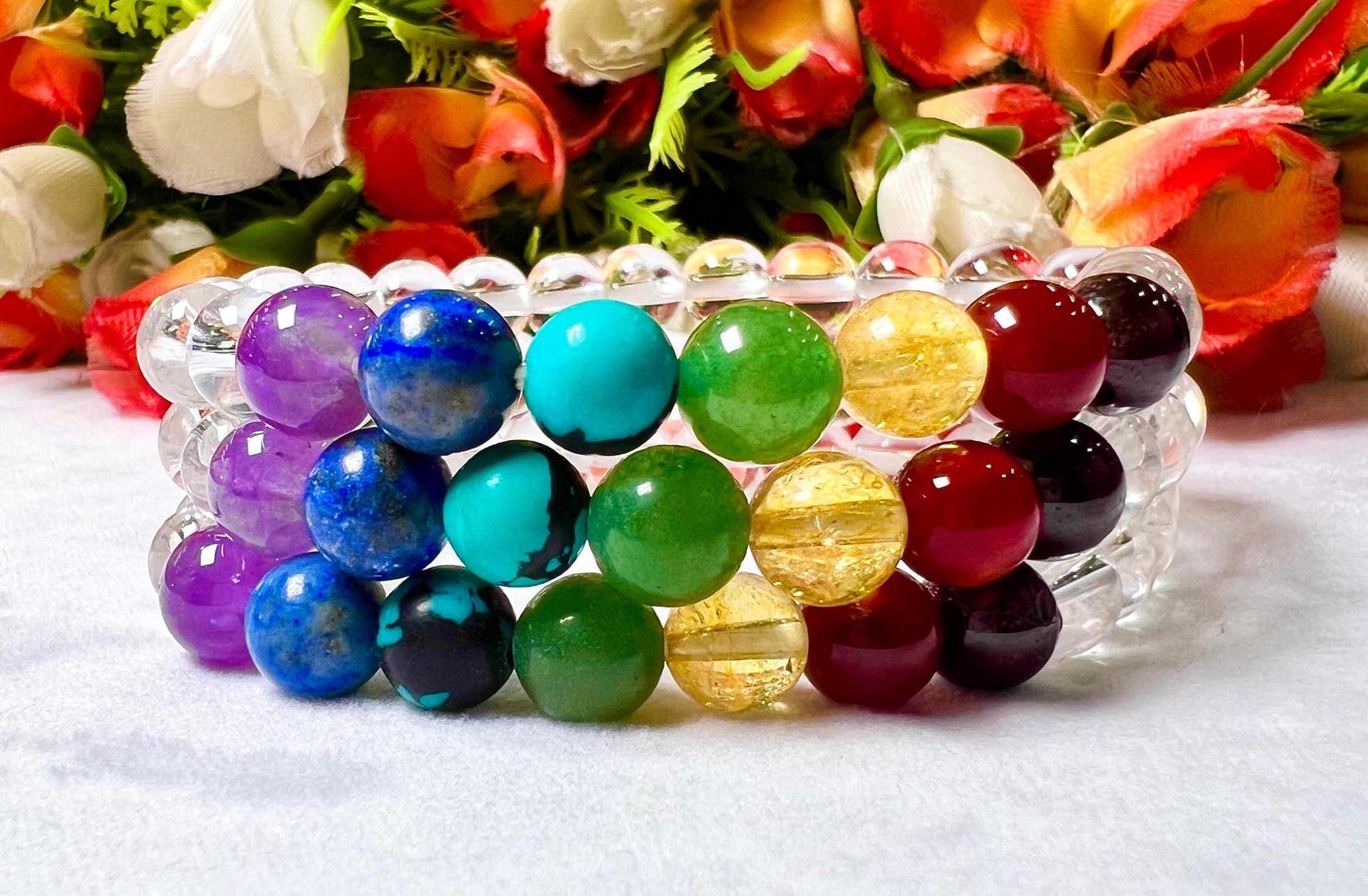 7 Chakra With Himalayan Crystal Quartz Stone Bracelet l Stretchable Bracelet l Unisex Bracelet l 8 MM Bracelet