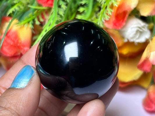 Black Obsidian Stone Sphere 40 MM Crystal Ball Orb Pocket Stone Meditation Space Crystal Grid With wooden Stand