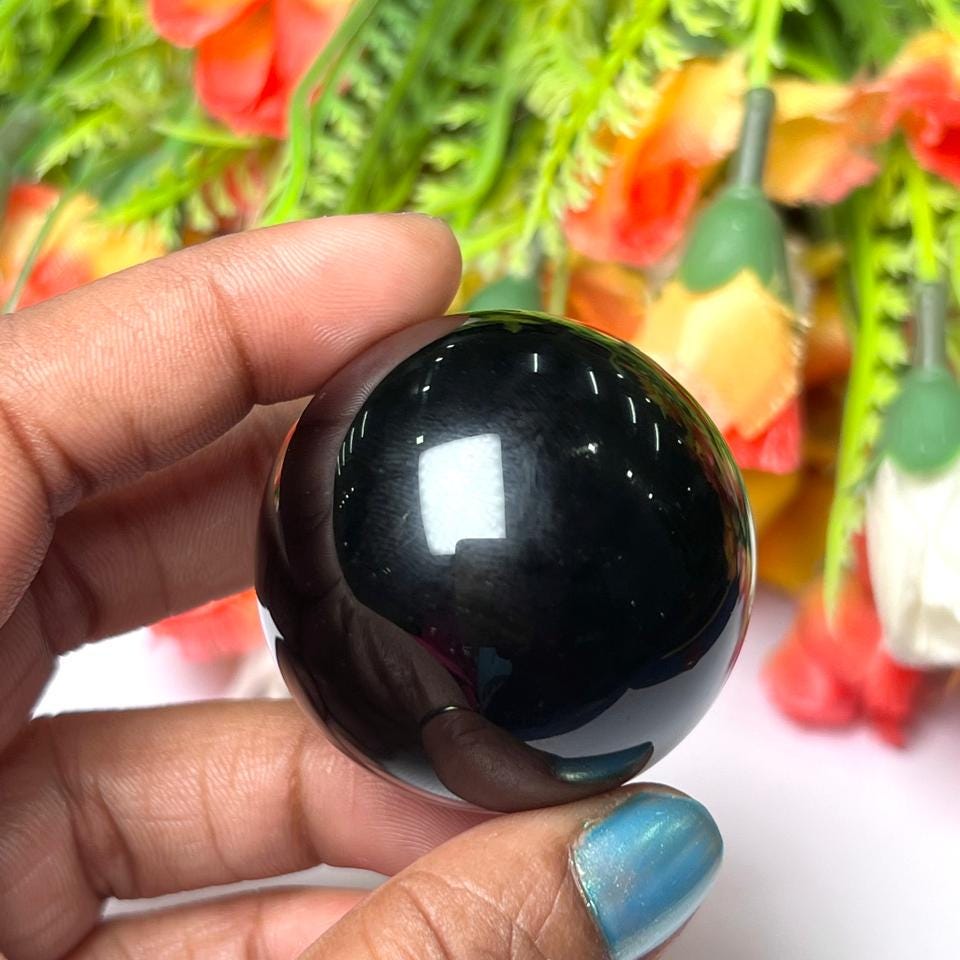 Black Obsidian Stone Sphere 40 MM Crystal Ball Orb Pocket Stone Meditation Space Crystal Grid With wooden Stand