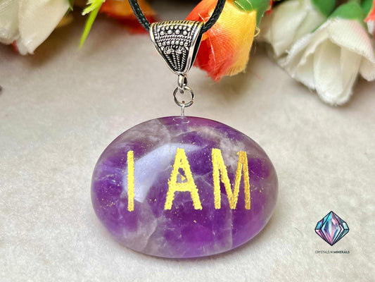 Amethyst Stone "I AM" Spiritual Connecting Healing Pendant With Black Cord