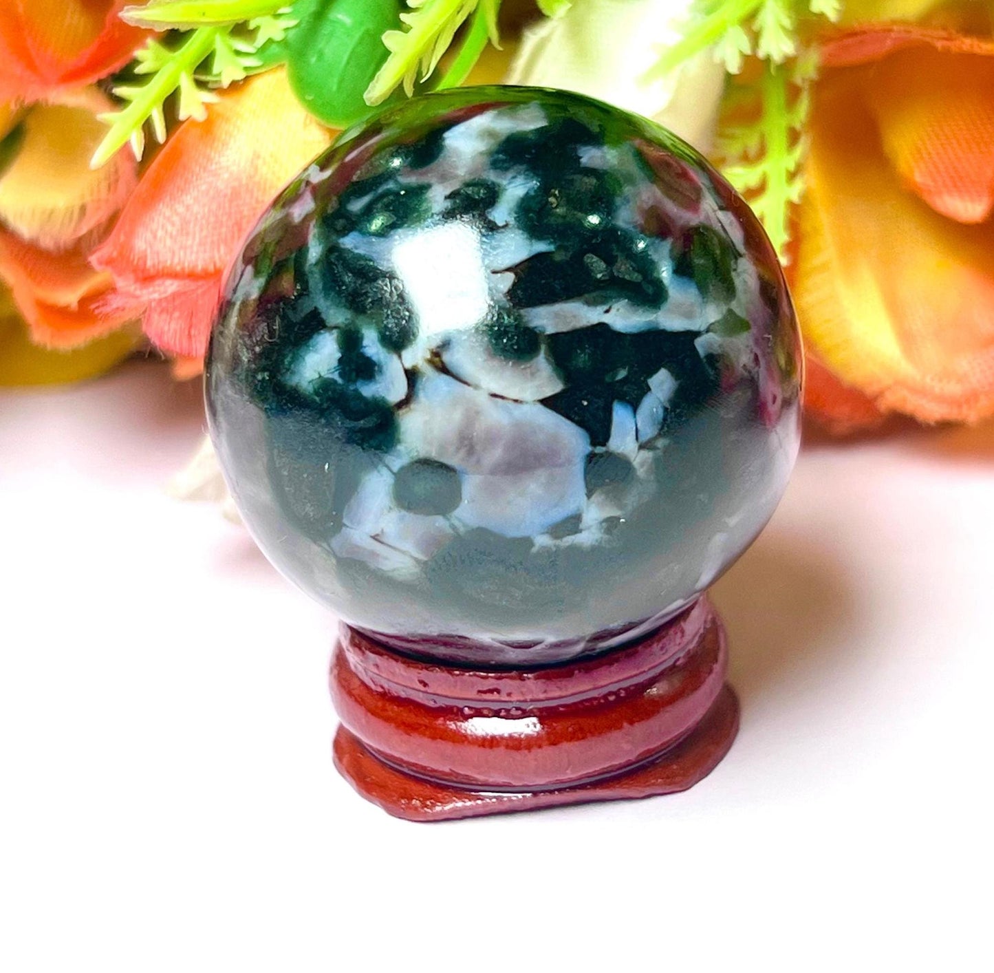 Indigo Gabbro / Mystic Merlinite Stone Sphere 40 MM Crystal Ball Orb Pocket Stone Meditation Space Crystal Grid With wooden Stand