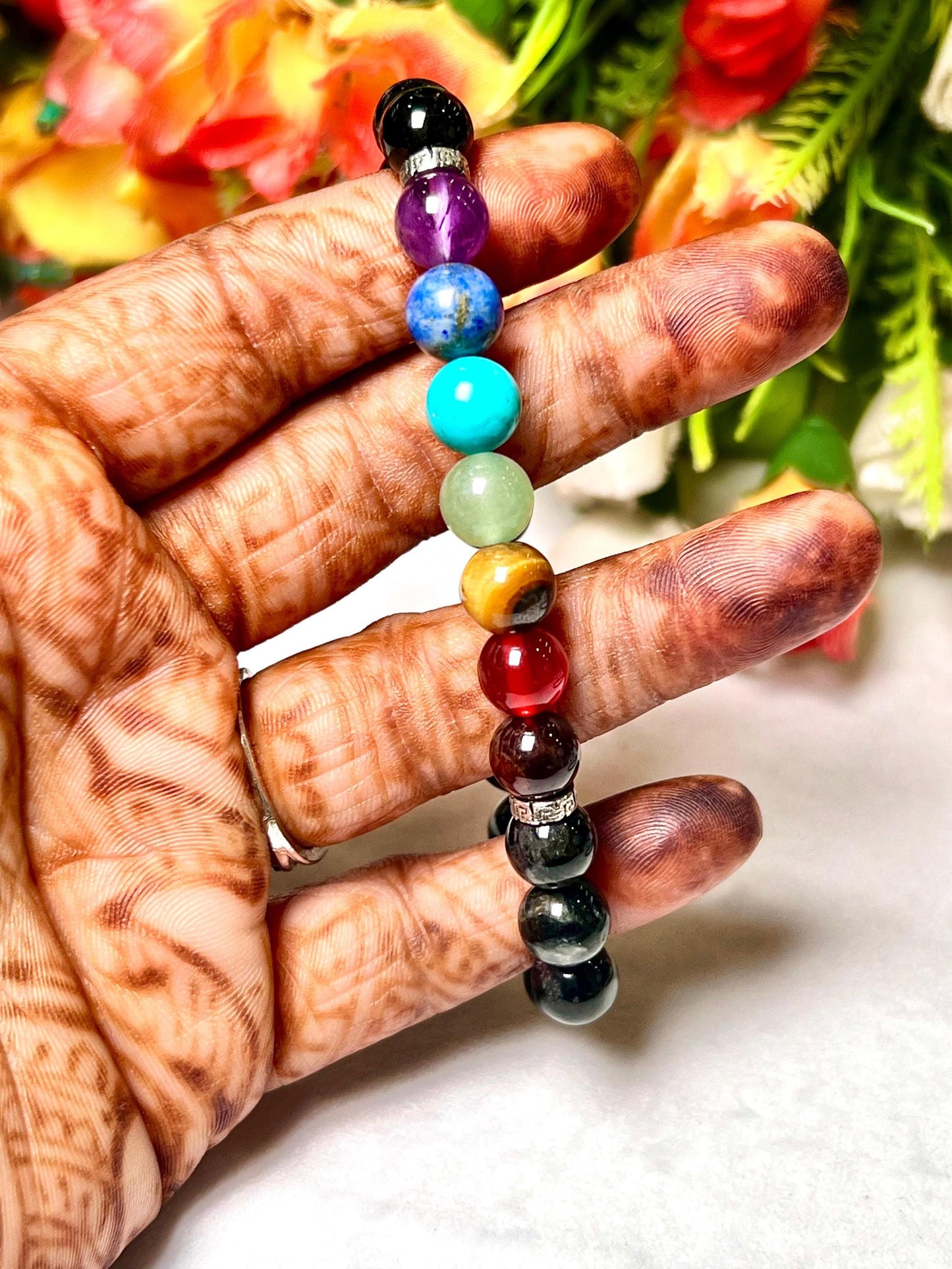 7 Chakra With Black Tourmaline Stone Bracelet l Stretchable Bracelet l Unisex Bracelet l 8 MM Bracelet