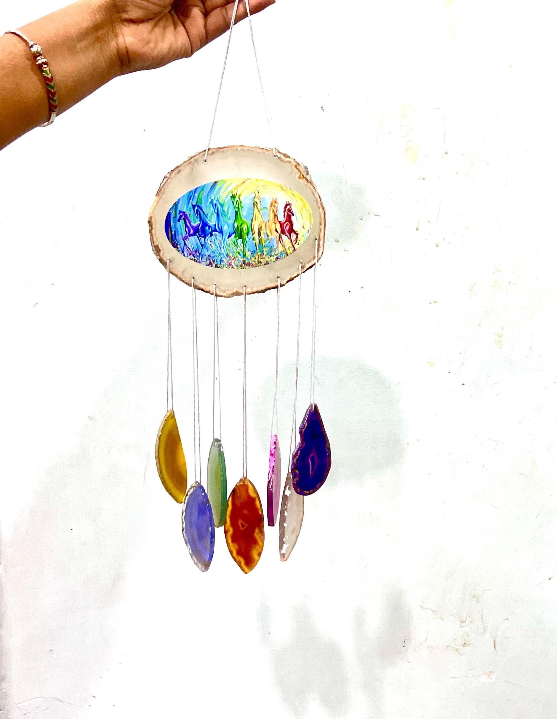 All Chakra 7 Horses Agate Slice Windchime Feng Shui Vastu , Home & Office Décor, Housewarming Gift