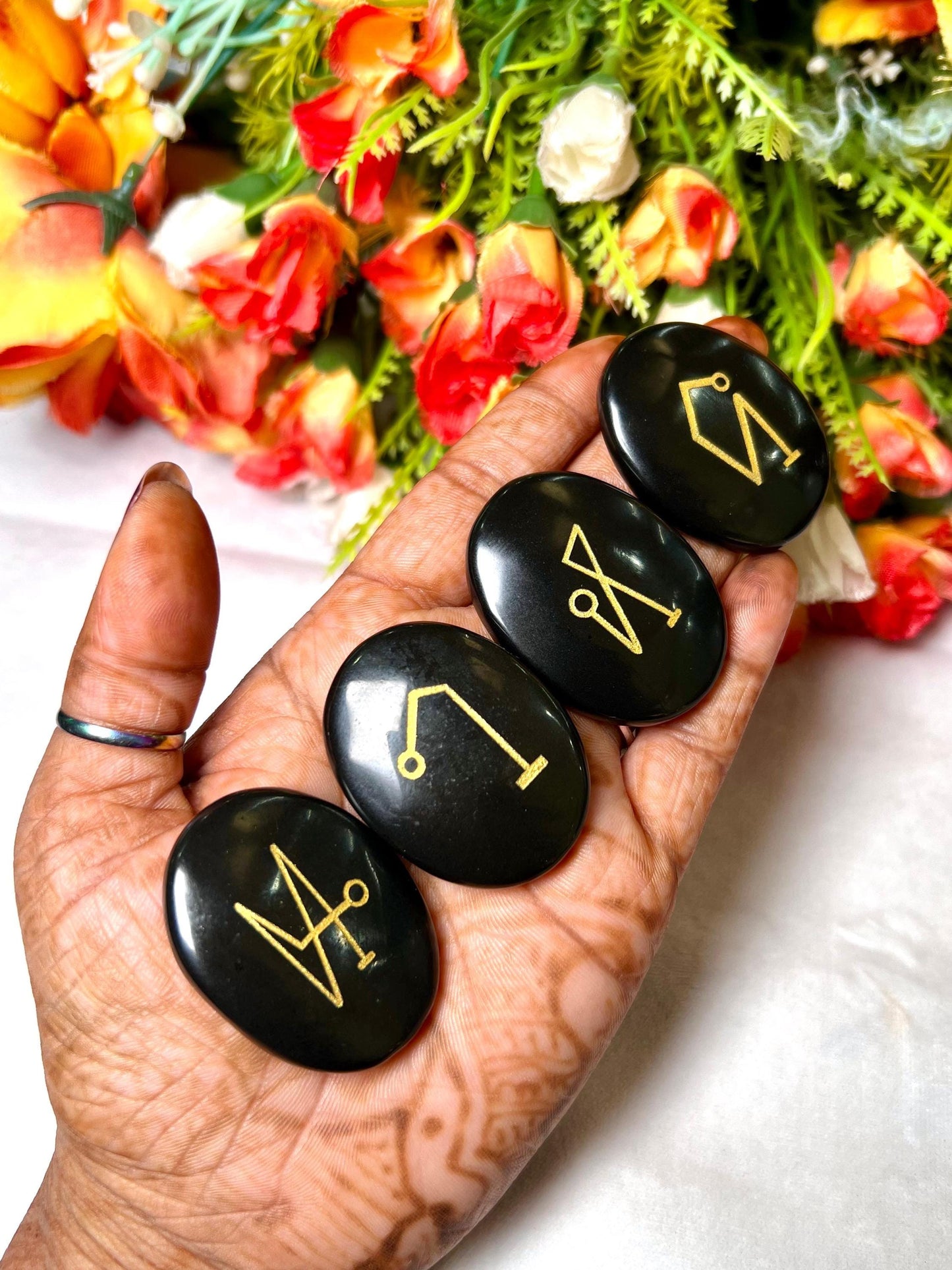 Black Obsidian Stone Archangel Stones Set Uriel, Michael, Raphael, Gabriel Orthodox Christian Church Four Archangels Symbol Set with Box