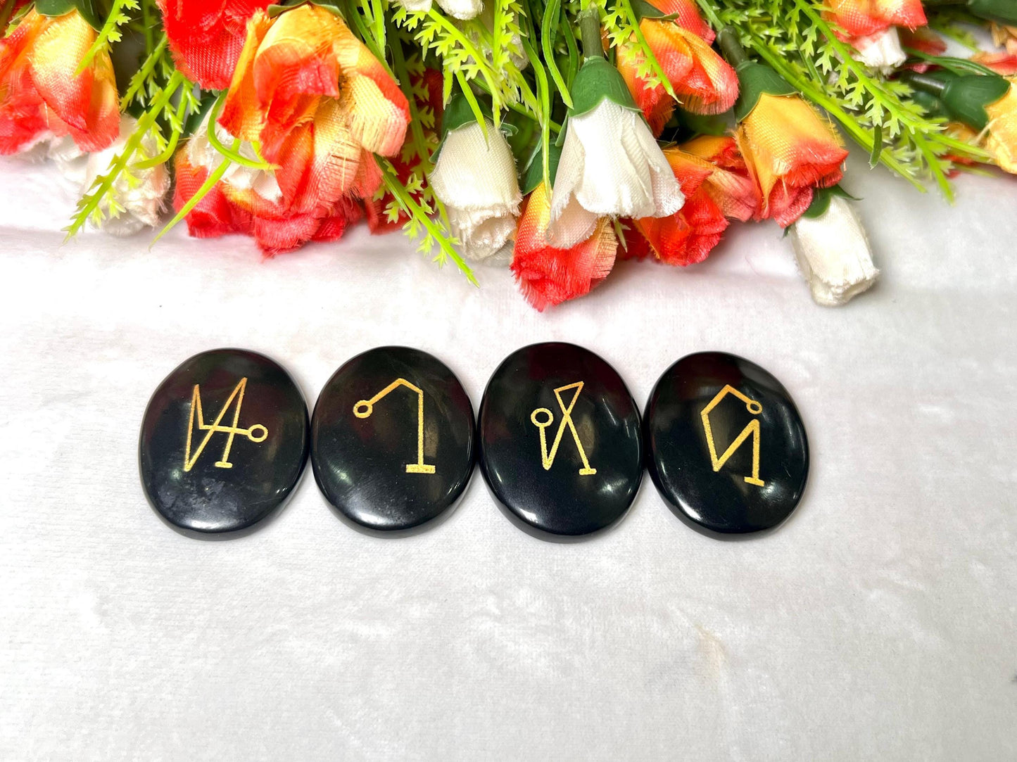 Black Obsidian Stone Archangel Stones Set Uriel, Michael, Raphael, Gabriel Orthodox Christian Church Four Archangels Symbol Set with Box