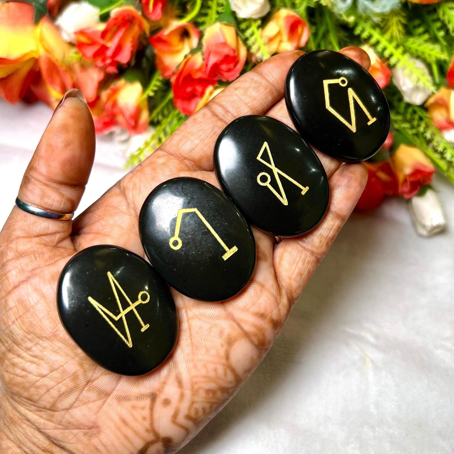 Black Obsidian Stone Archangel Stones Set Uriel, Michael, Raphael, Gabriel Orthodox Christian Church Four Archangels Symbol Set with Box