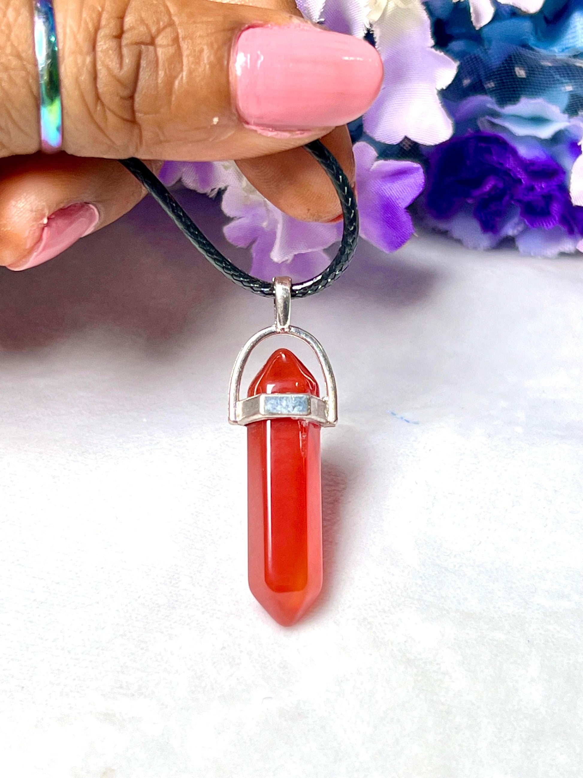 Carnelian Stone Double Point Pencil Pendant with Black Cord