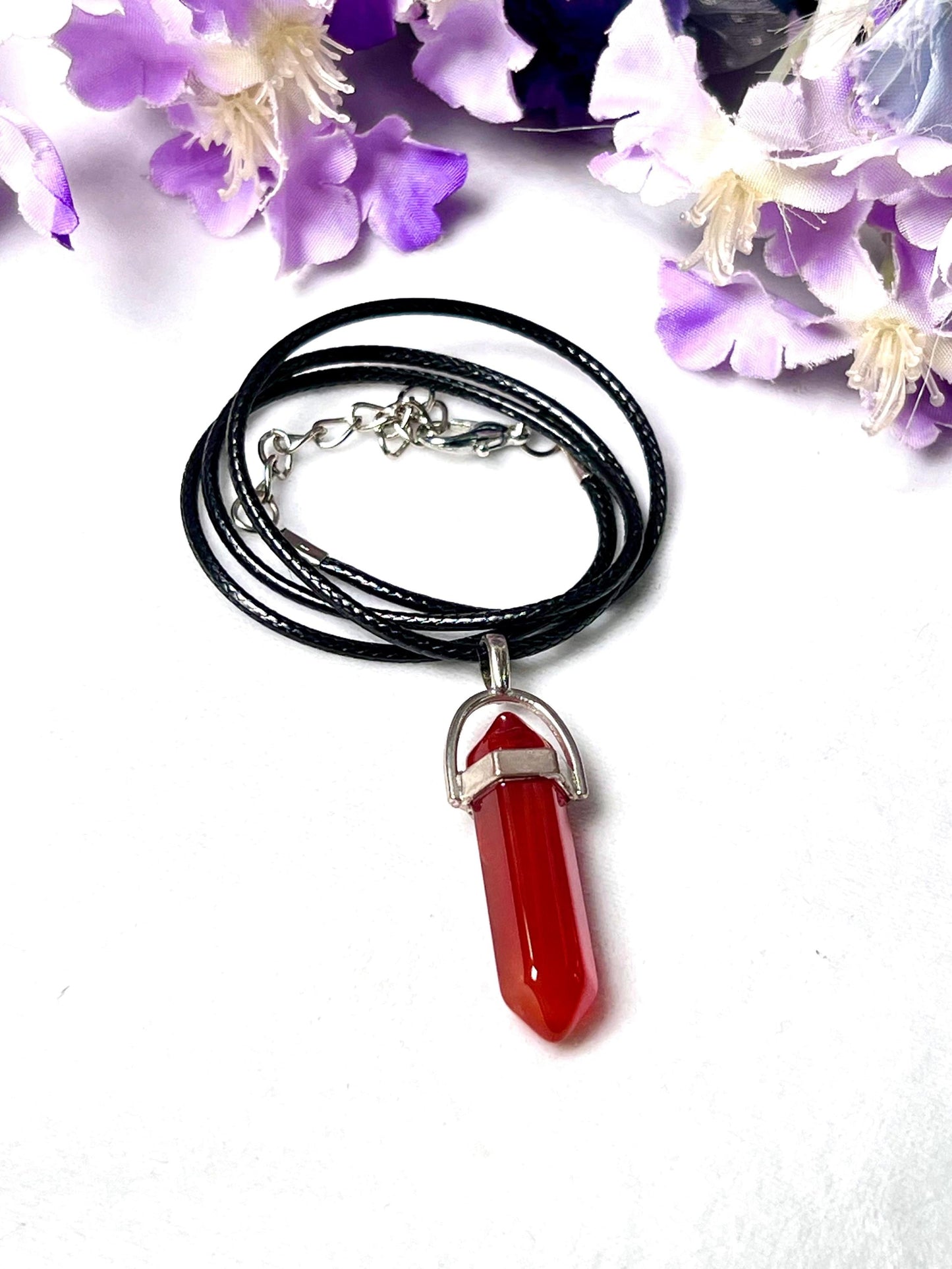 Carnelian Stone Double Point Pencil Pendant with Black Cord