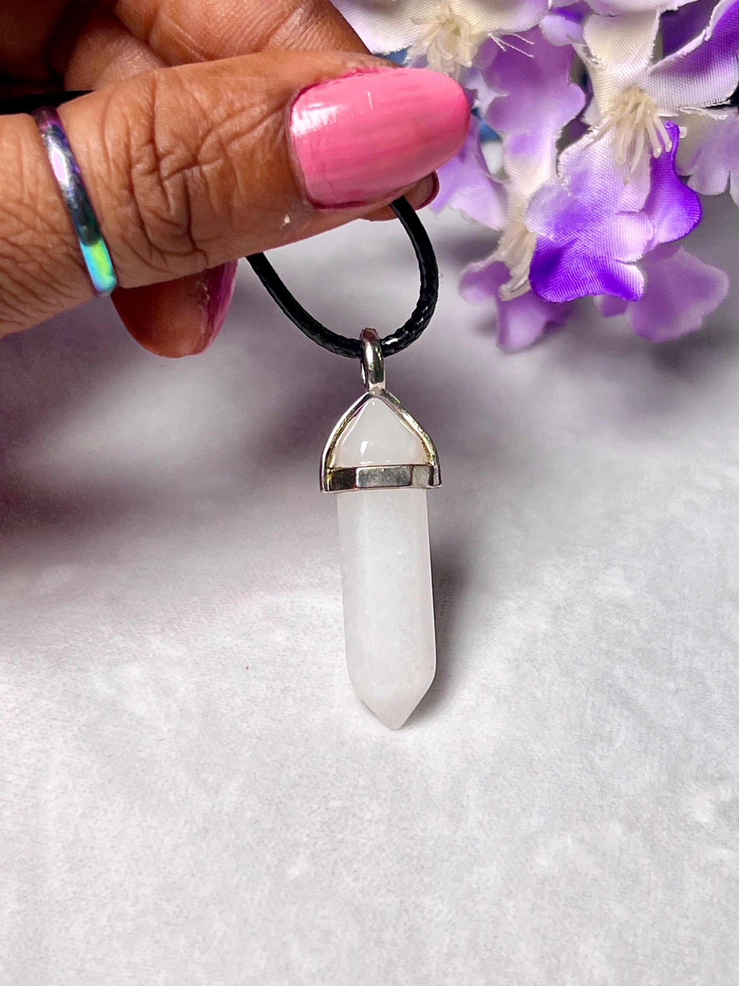 White Azeztulite Stone Double Point Pencil Pendant with Black Cord