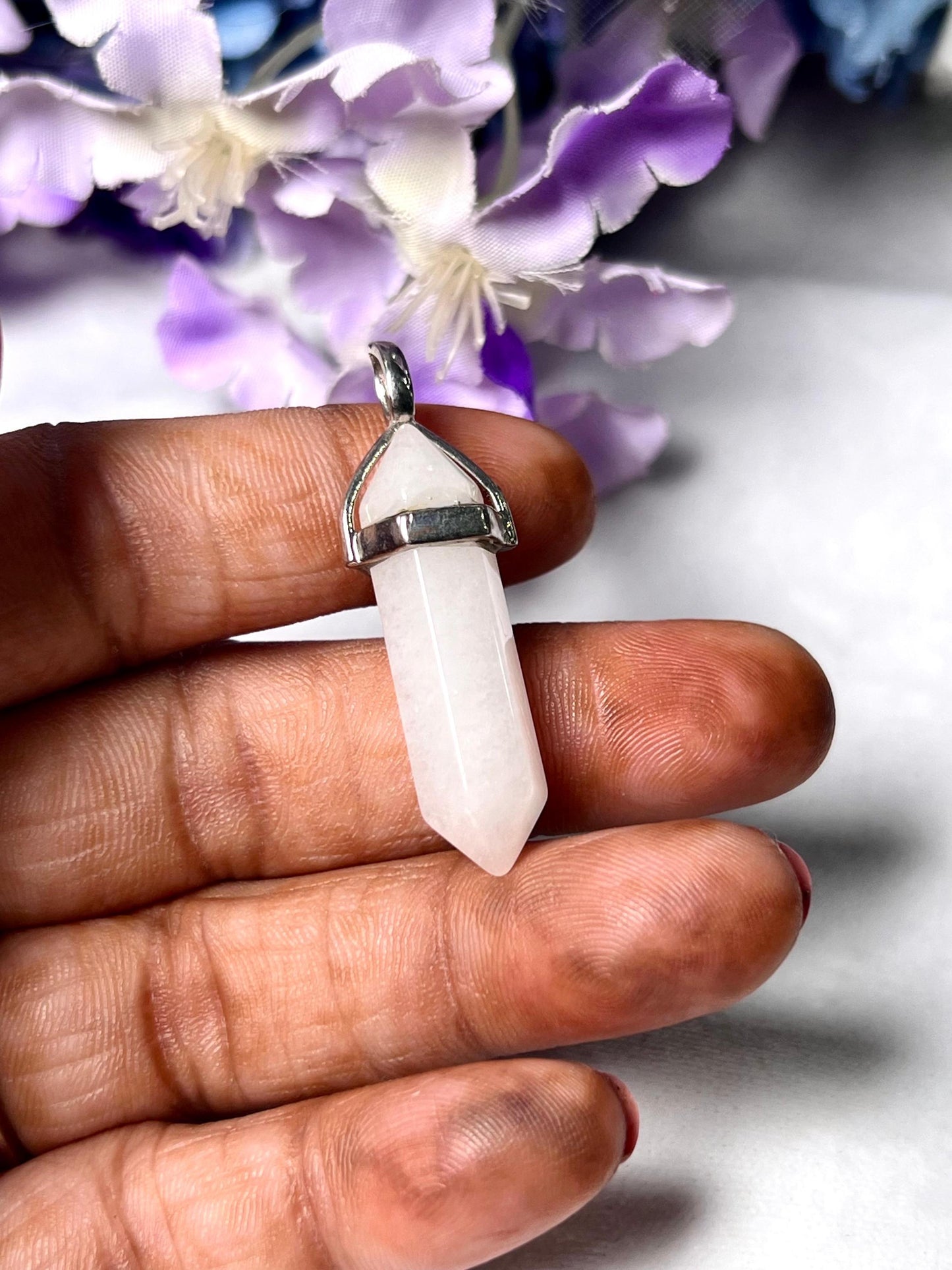 White Azeztulite Stone Double Point Pencil Pendant with Black Cord