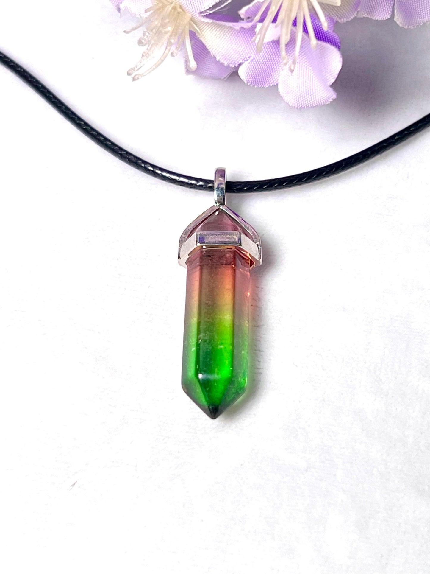 Watermelon Tourmaline (Not Natural) Stone Double Point Pencil Pendant with Black Cord