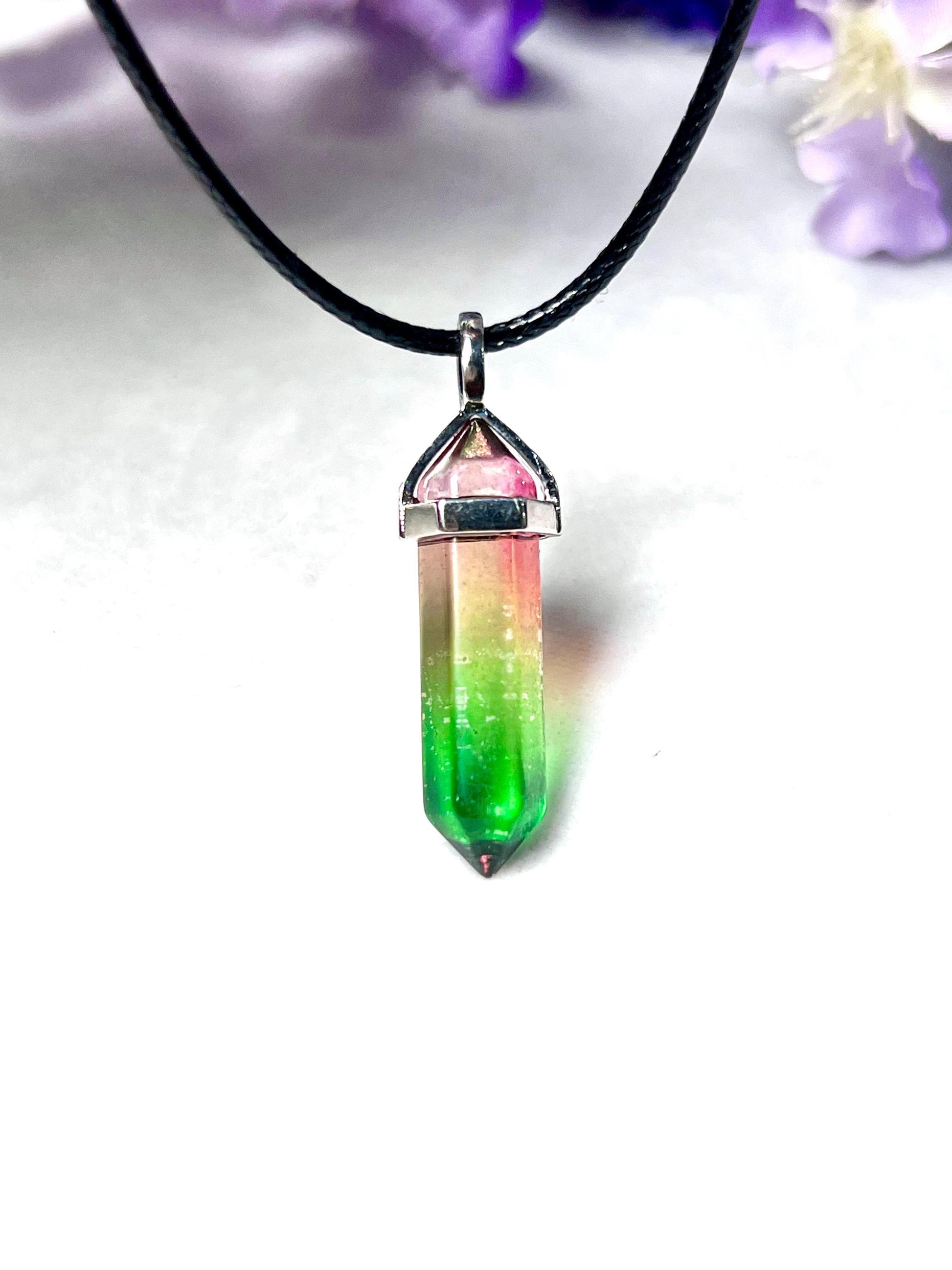 Watermelon Tourmaline (Not Natural) Stone Double Point Pencil Pendant with Black Cord