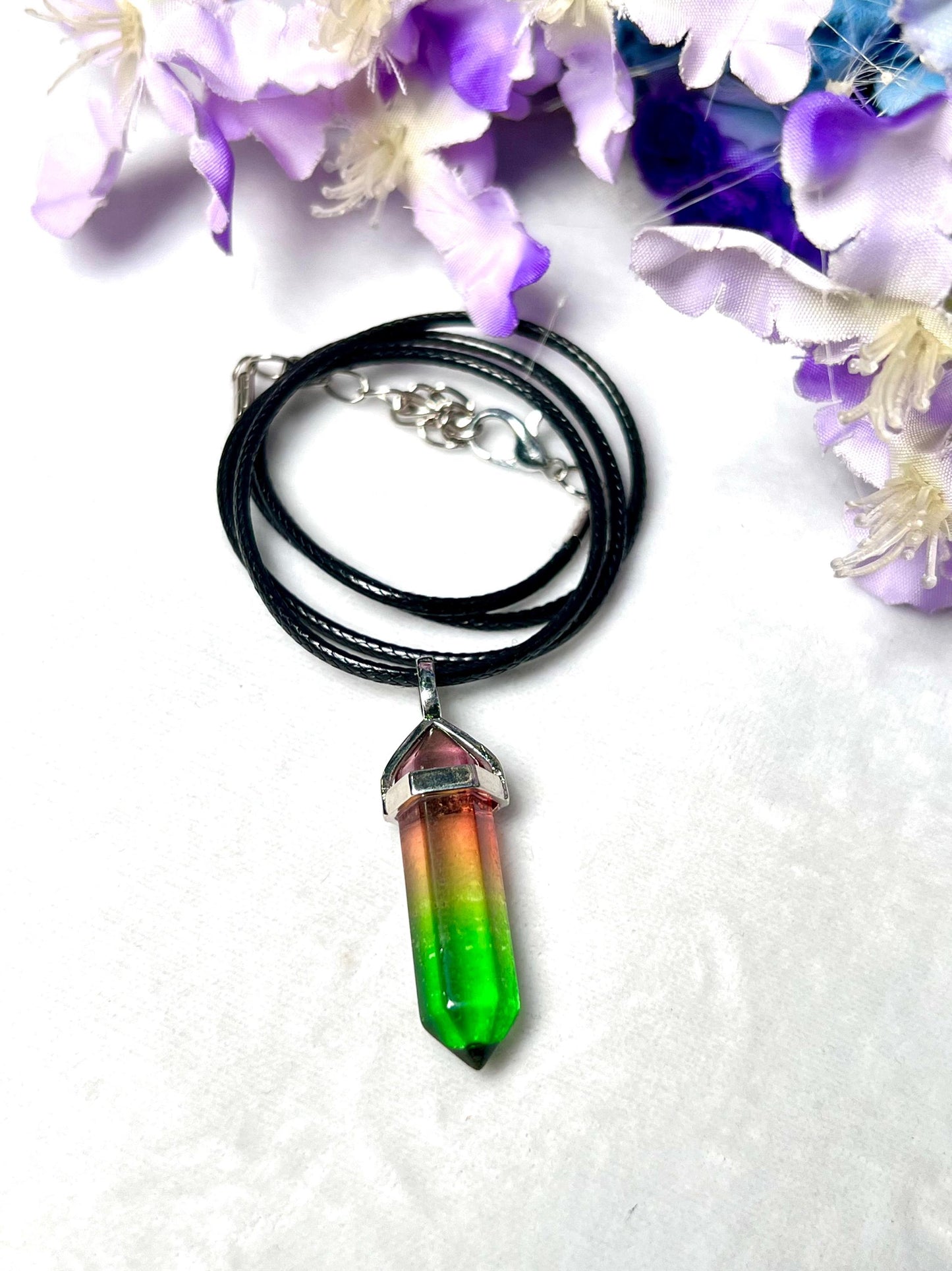 Watermelon Tourmaline (Not Natural) Stone Double Point Pencil Pendant with Black Cord