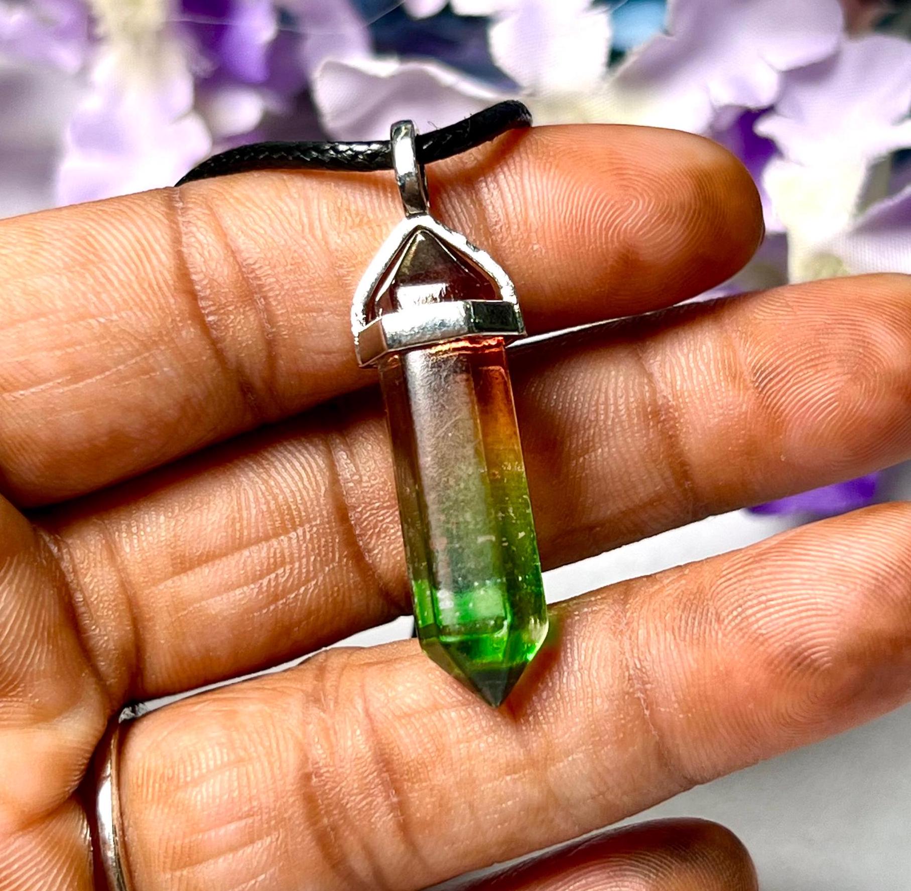 Watermelon Tourmaline (Not Natural) Stone Double Point Pencil Pendant with Black Cord