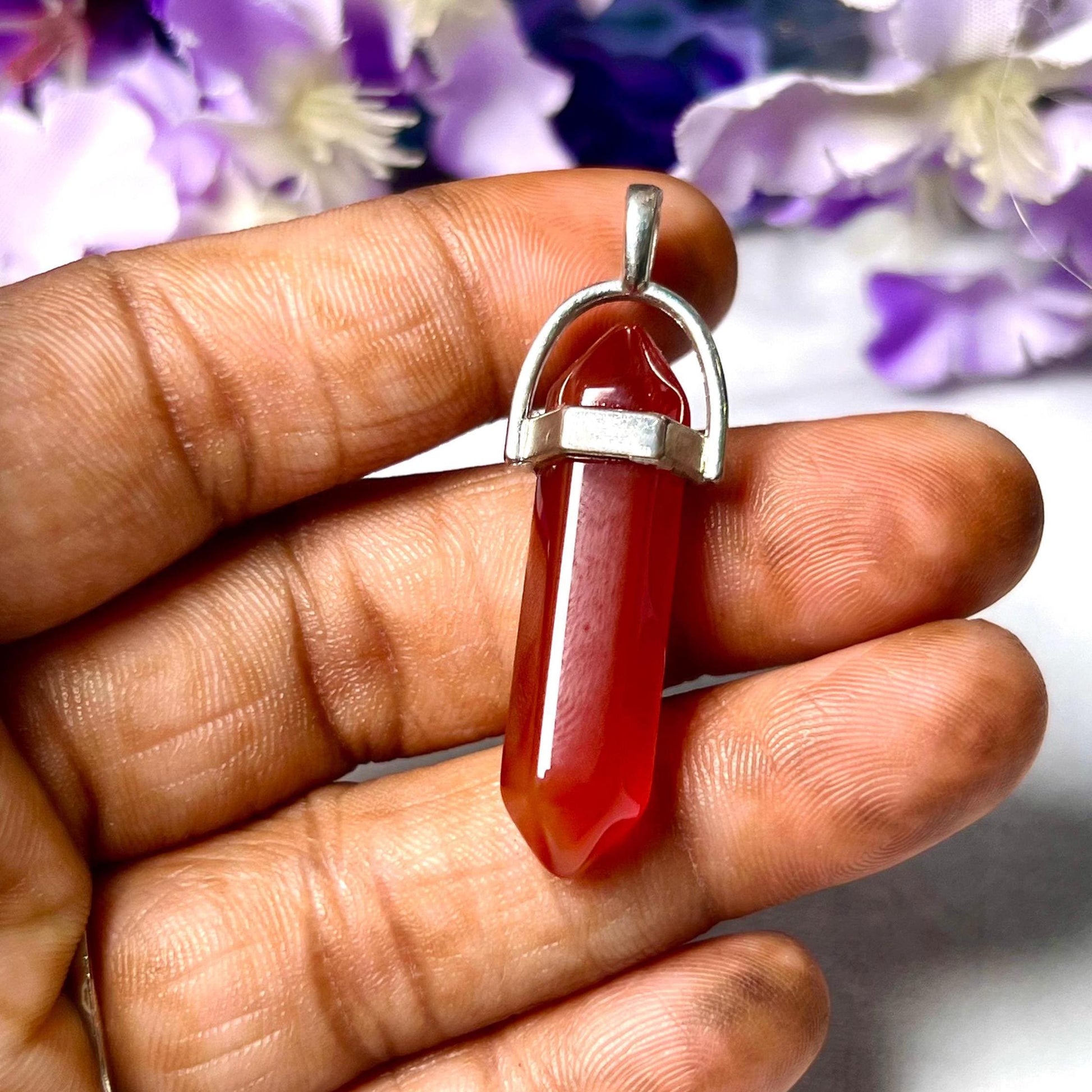 Carnelian Stone Double Point Pencil Pendant with Black Cord