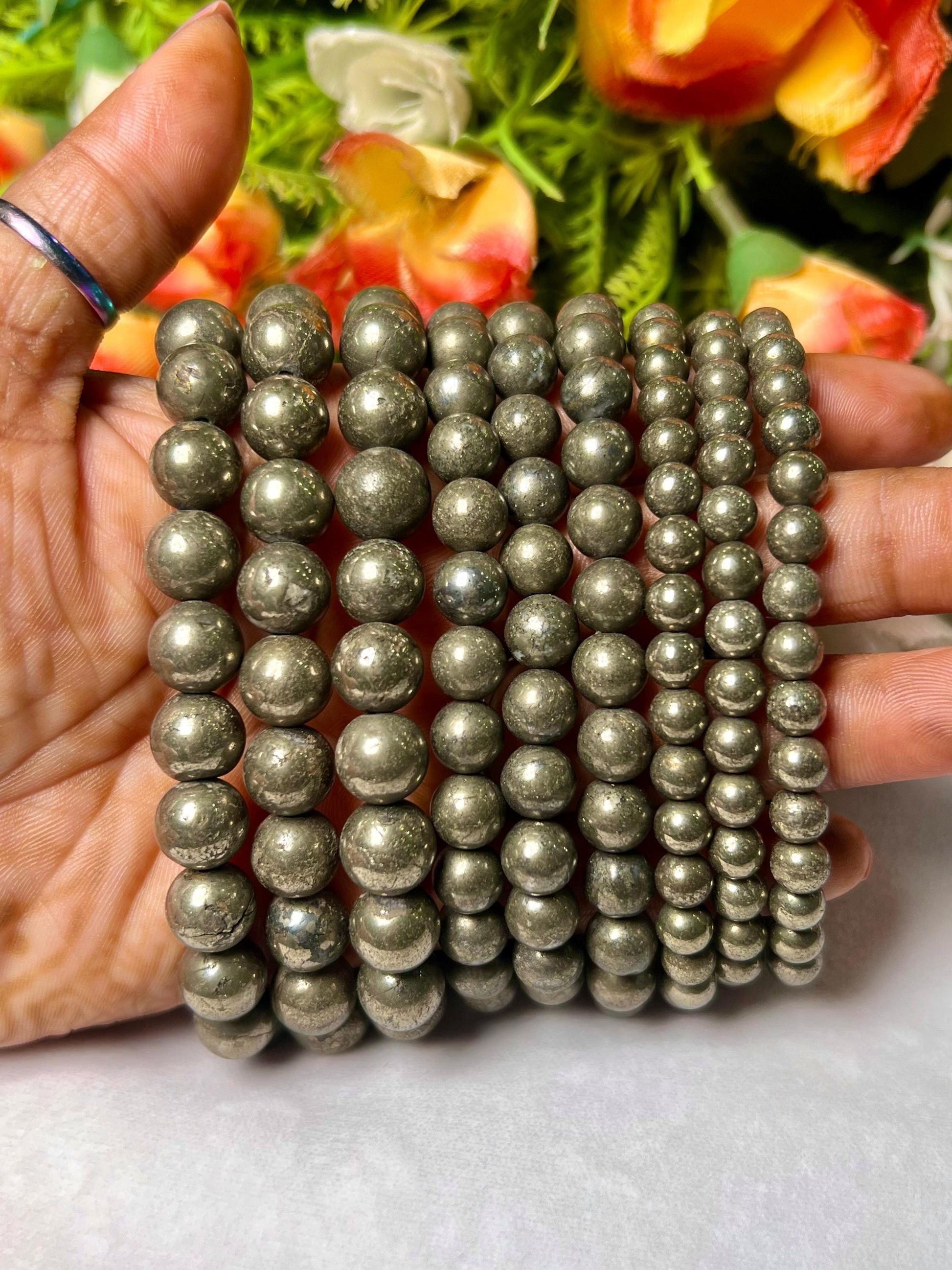 Pyrite Stone Round Beaded Bracelet 6 MM 8 MM 10 MM Stretch Bracelet