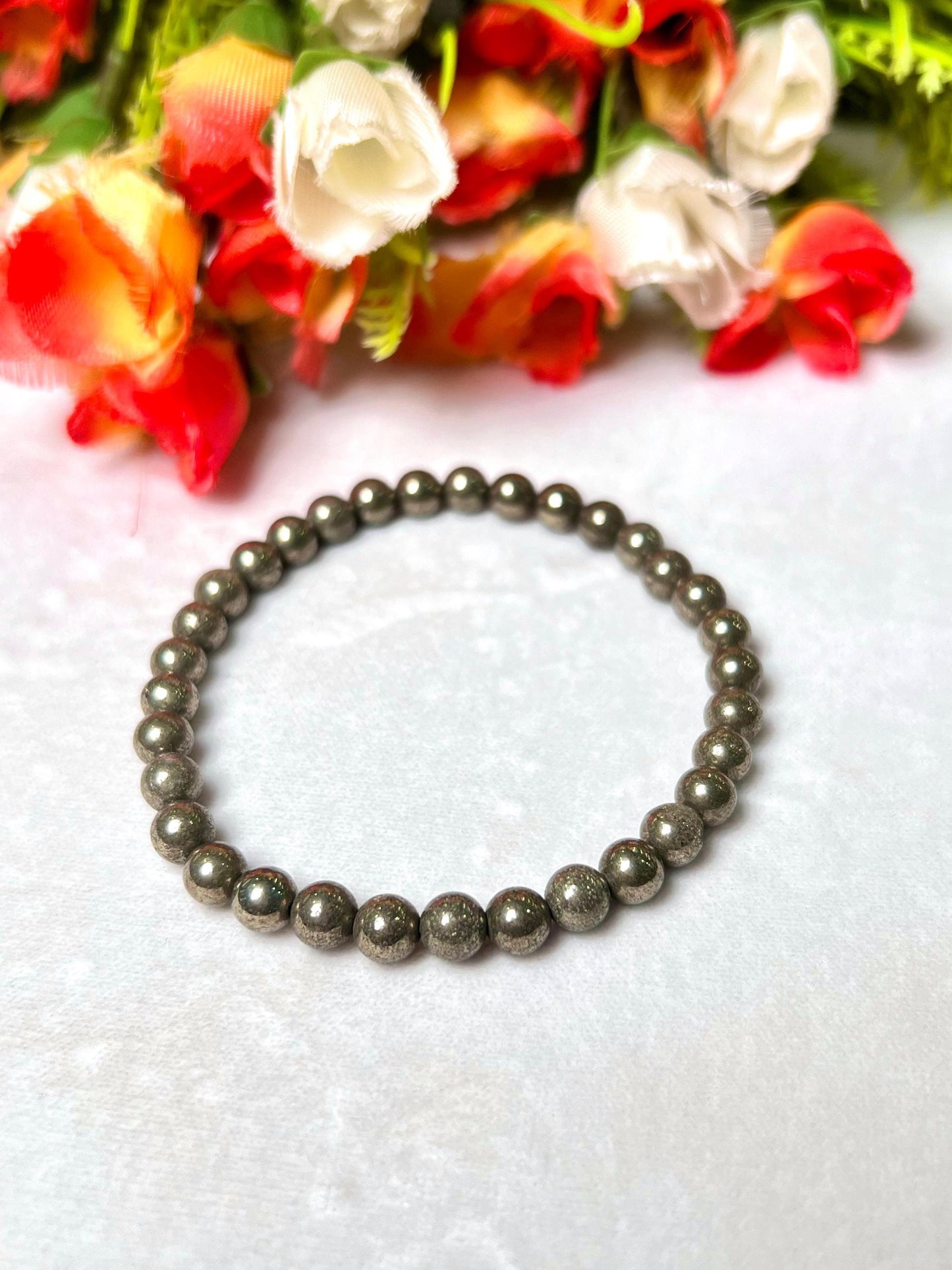 Pyrite Stone Round Beaded Bracelet 6 MM 8 MM 10 MM Stretch Bracelet