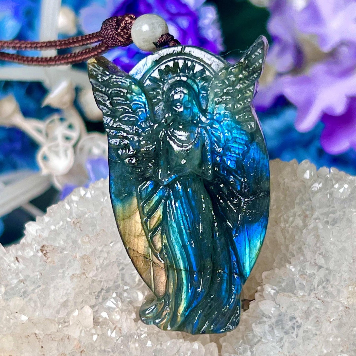 2.1" Labradorite Stone Guardian Angel Carving Pendant Necklace With Long Cord Home Decoration,Reiki healing Gift for All