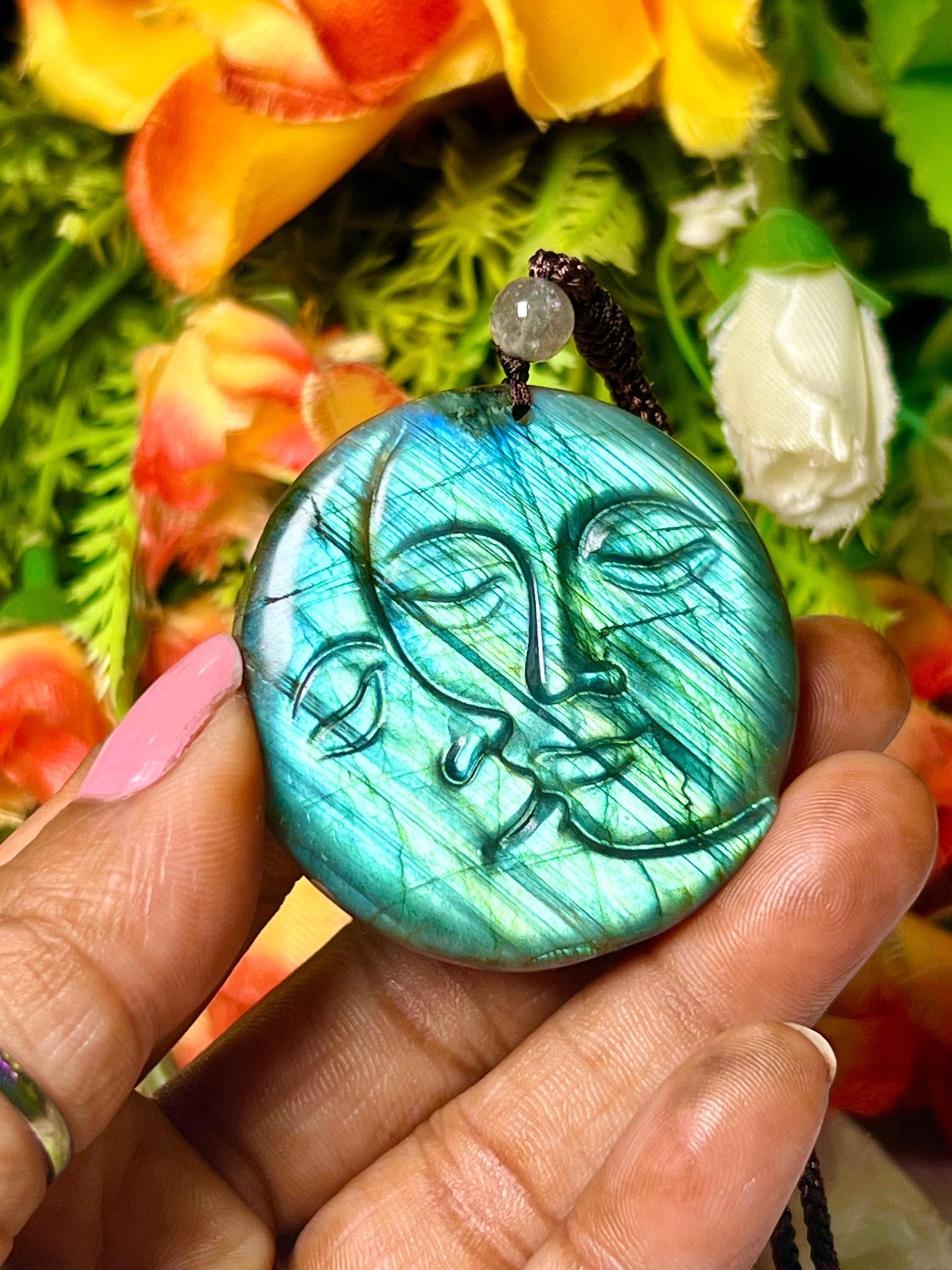 Valentine Love Gift - 2" Labradorite Stone Sun and Moon Face Carving Pendant Necklace – Mystical Glow for Balance & Protection