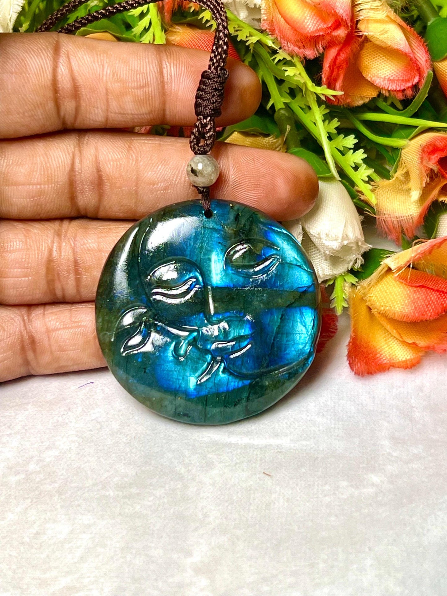 Valentine Love Gift - 2" Labradorite Stone Sun and Moon Face Carving Pendant Necklace – Mystical Glow for Balance & Protection