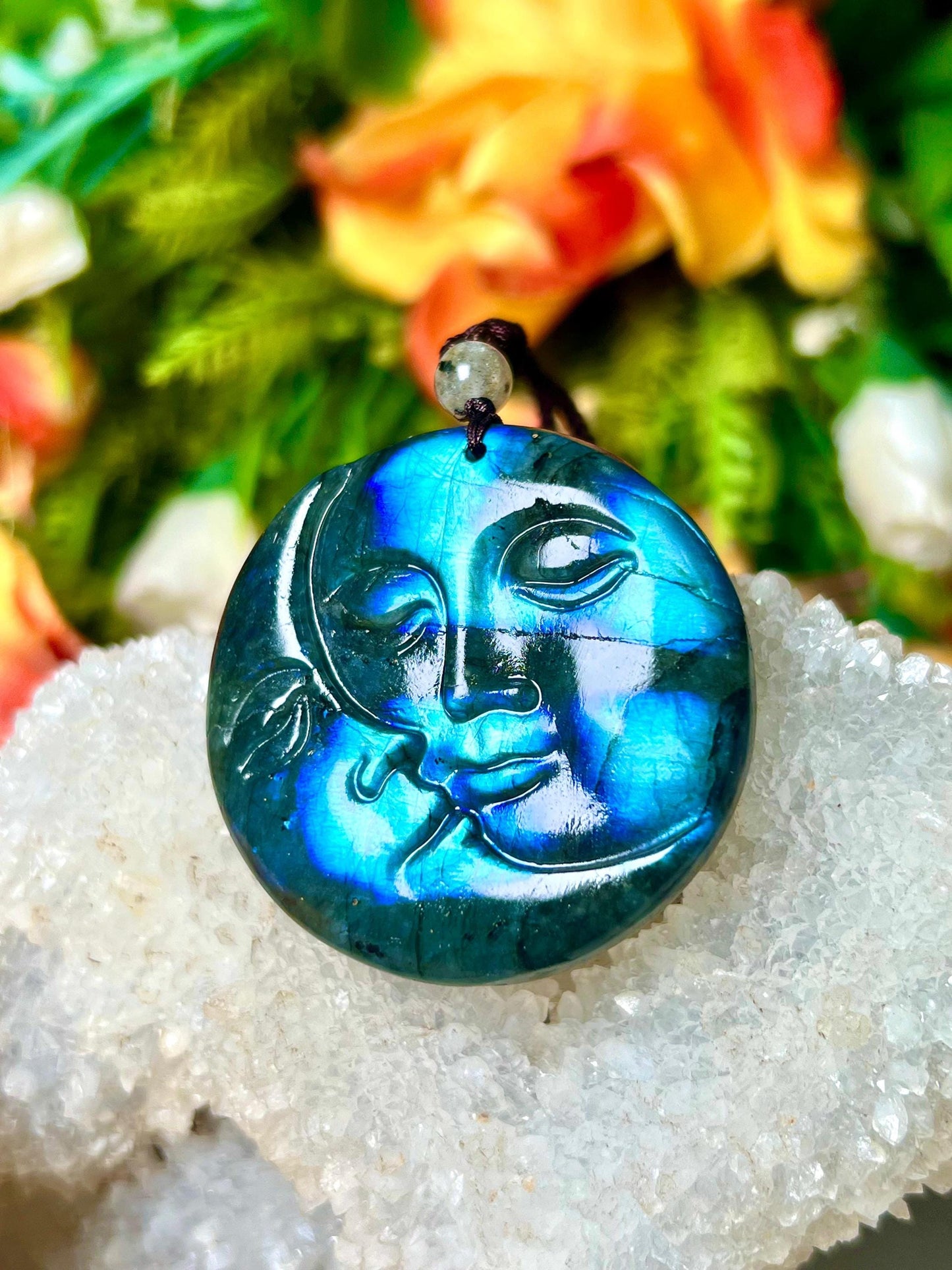 Valentine Love Gift - 2" Labradorite Stone Sun and Moon Face Carving Pendant Necklace – Mystical Glow for Balance & Protection