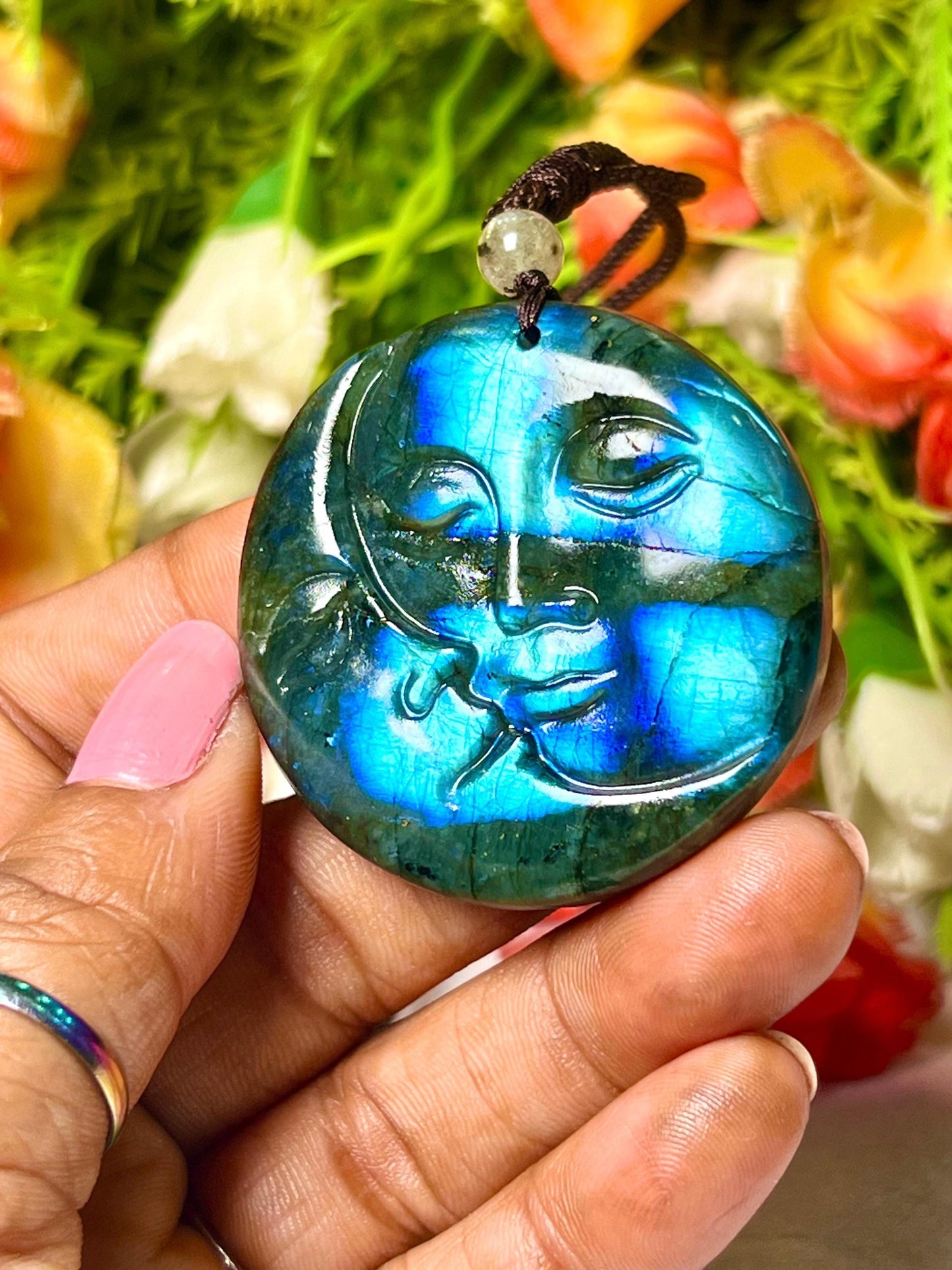 Valentine Love Gift - 2" Labradorite Stone Sun and Moon Face Carving Pendant Necklace – Mystical Glow for Balance & Protection