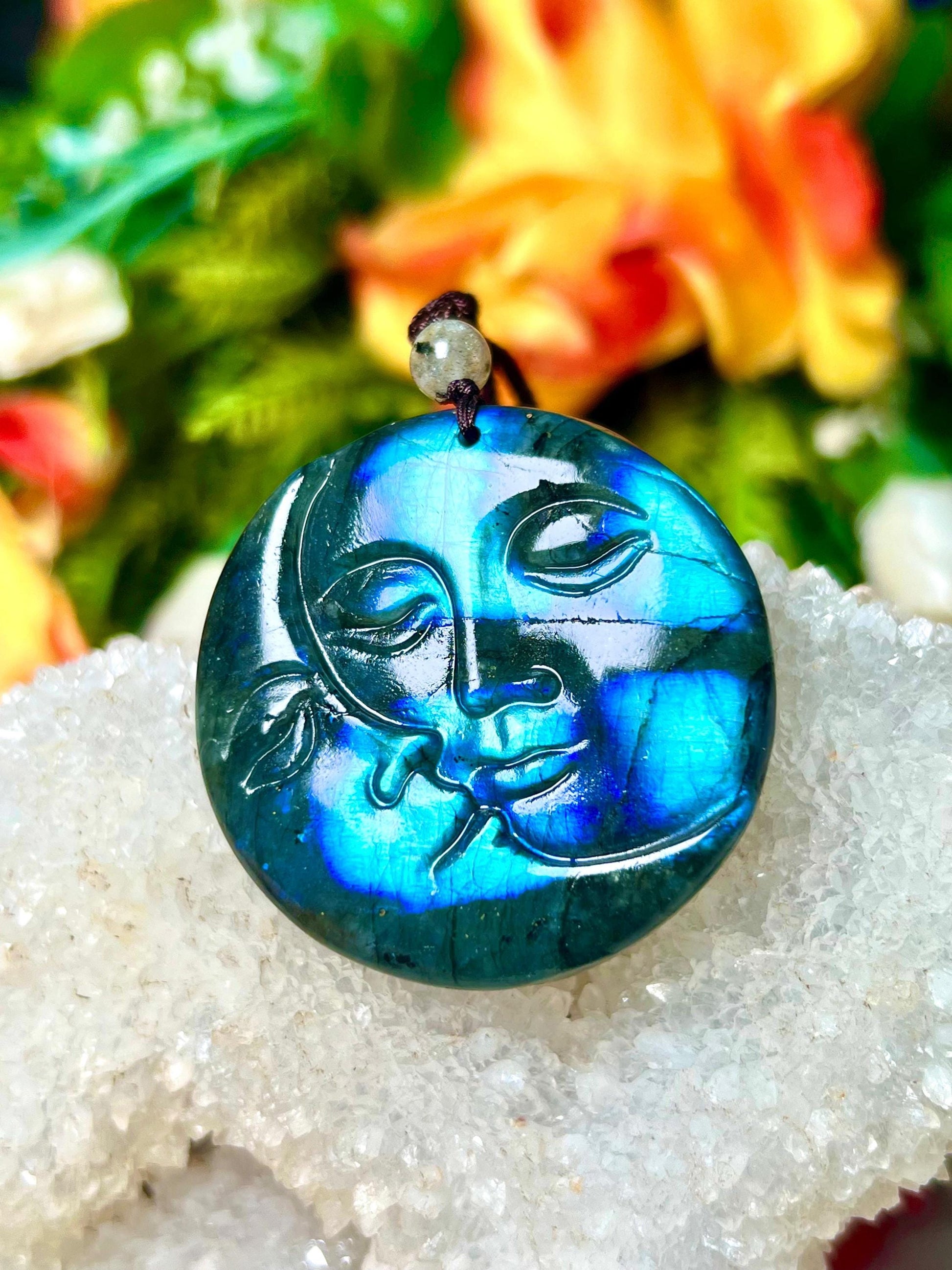 Valentine Love Gift - 2" Labradorite Stone Sun and Moon Face Carving Pendant Necklace – Mystical Glow for Balance & Protection