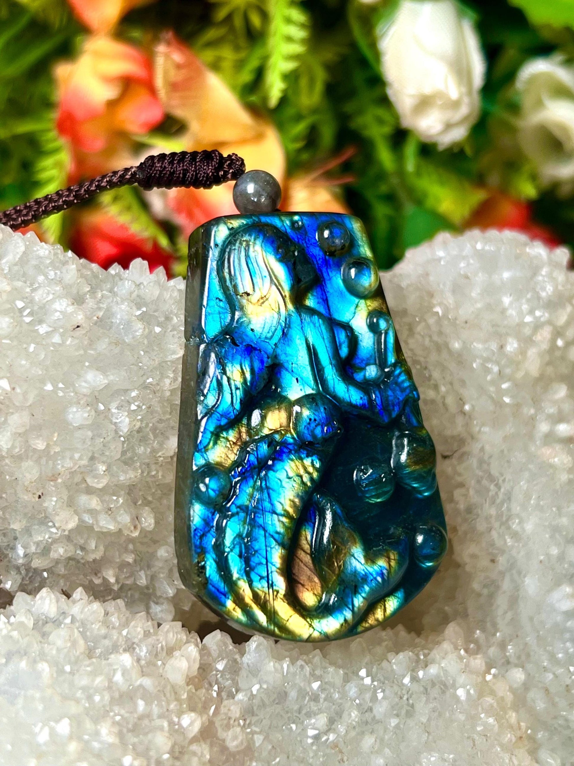 2.1" Labradorite Stone Mermaid Carving Pendant Necklace With Long Cord Home Decoration,Reiki healing Gift for All